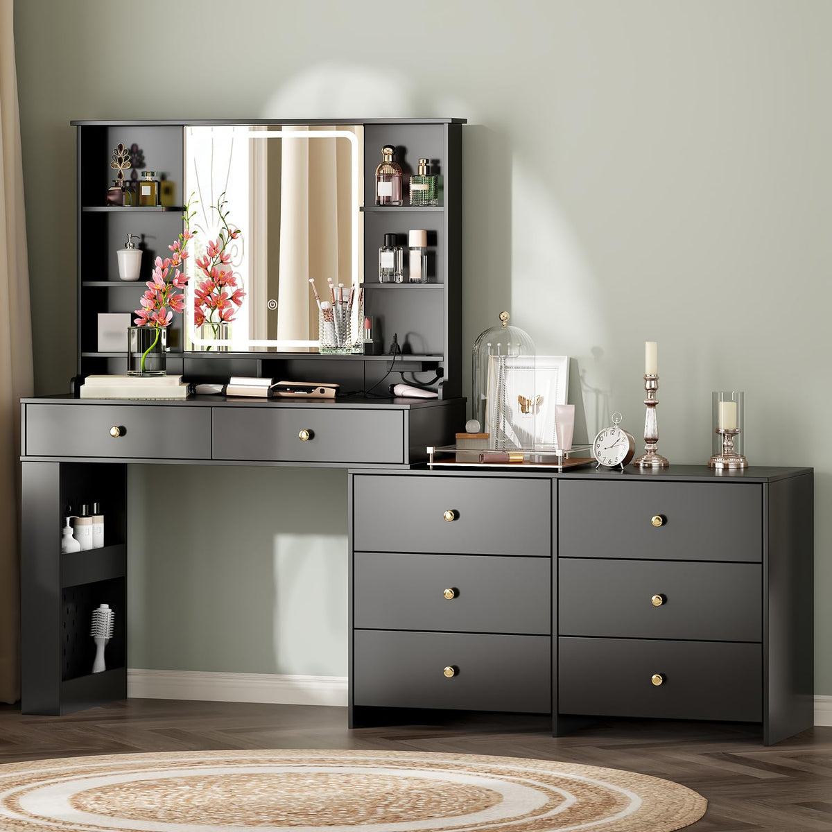 55.91“Makeup Vanity Desk with Mirror and Lights, Vanity Desk with 8 Drawers & Storage Shelves, Vanity Table with Power Outlet, 3 Color Modes & Adjustable Brightness Dressing Table, Bedroom,Black
