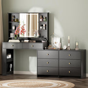 55.91“Makeup Vanity Desk with Mirror and Lights, Vanity Desk with 8 Drawers & Storage Shelves, Vanity Table with Power Outlet, 3 Color Modes & Adjustable Brightness Dressing Table, Bedroom,Black