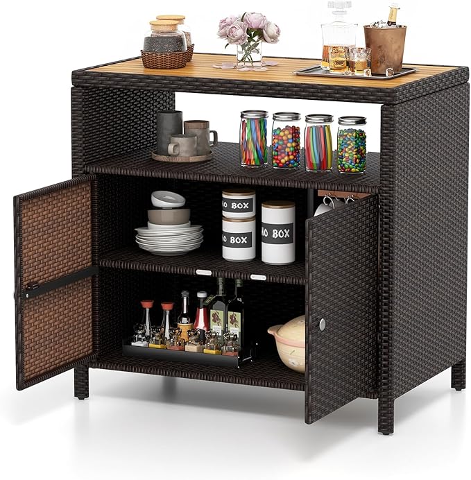 Rattan Outdoor Storage Cabinet with Acacia Wood Top