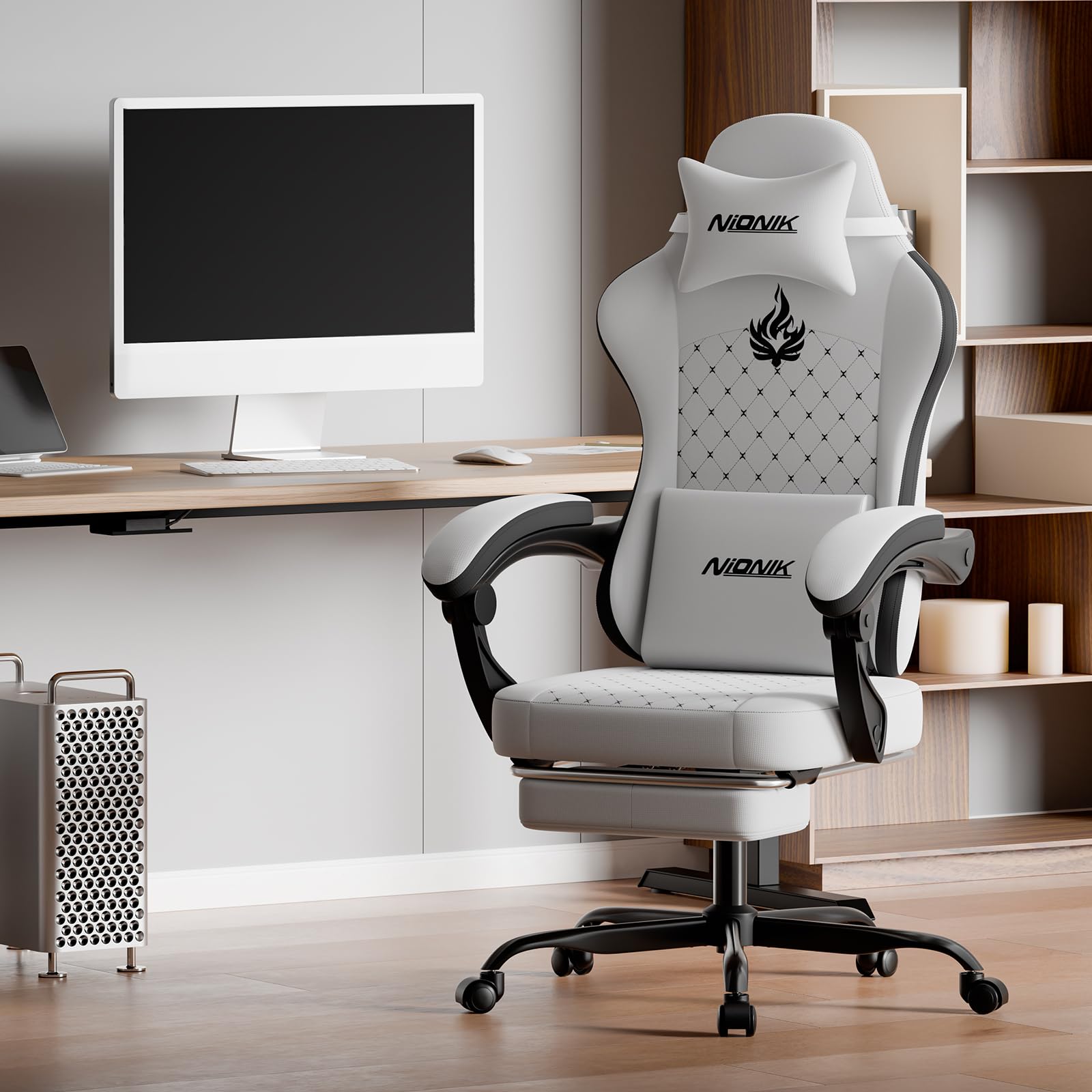 NIONIK Gaming Chair with Massage,Ergonomic PC Gaming Chair Computer Chairs with Footrest Comfortable Headrest and Lumbar Support, High Back WHITEBLACK