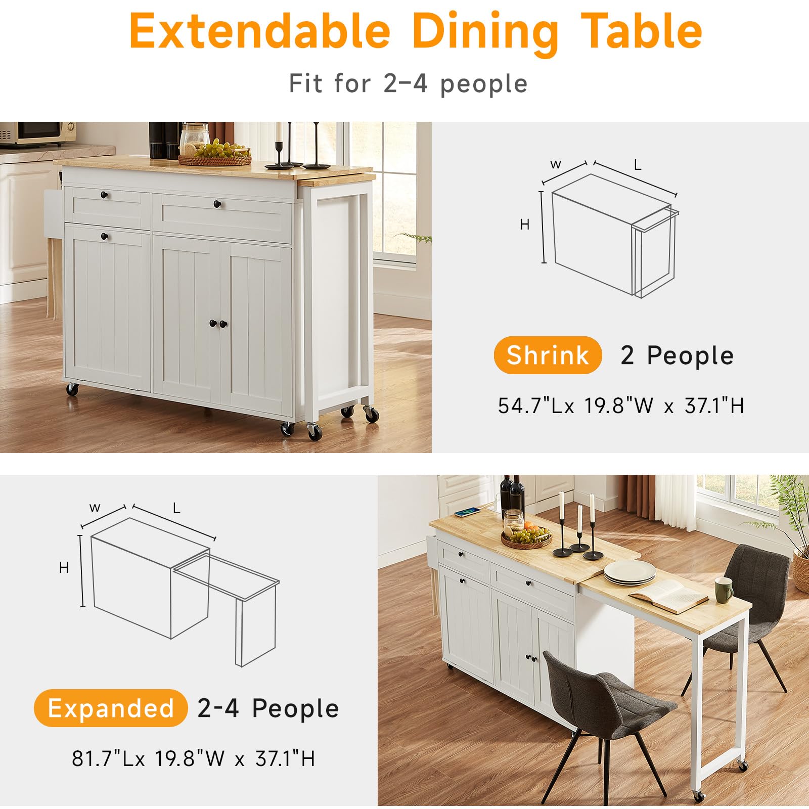 ONBRILL Kitchen Islands with Extendable Dining Table, 81.7" Mobile Kitchen Storage Islands, Rolling Kitchen Cart with Trash Cabinet, Power Outlet, Spice Rack & Towel Rack, White