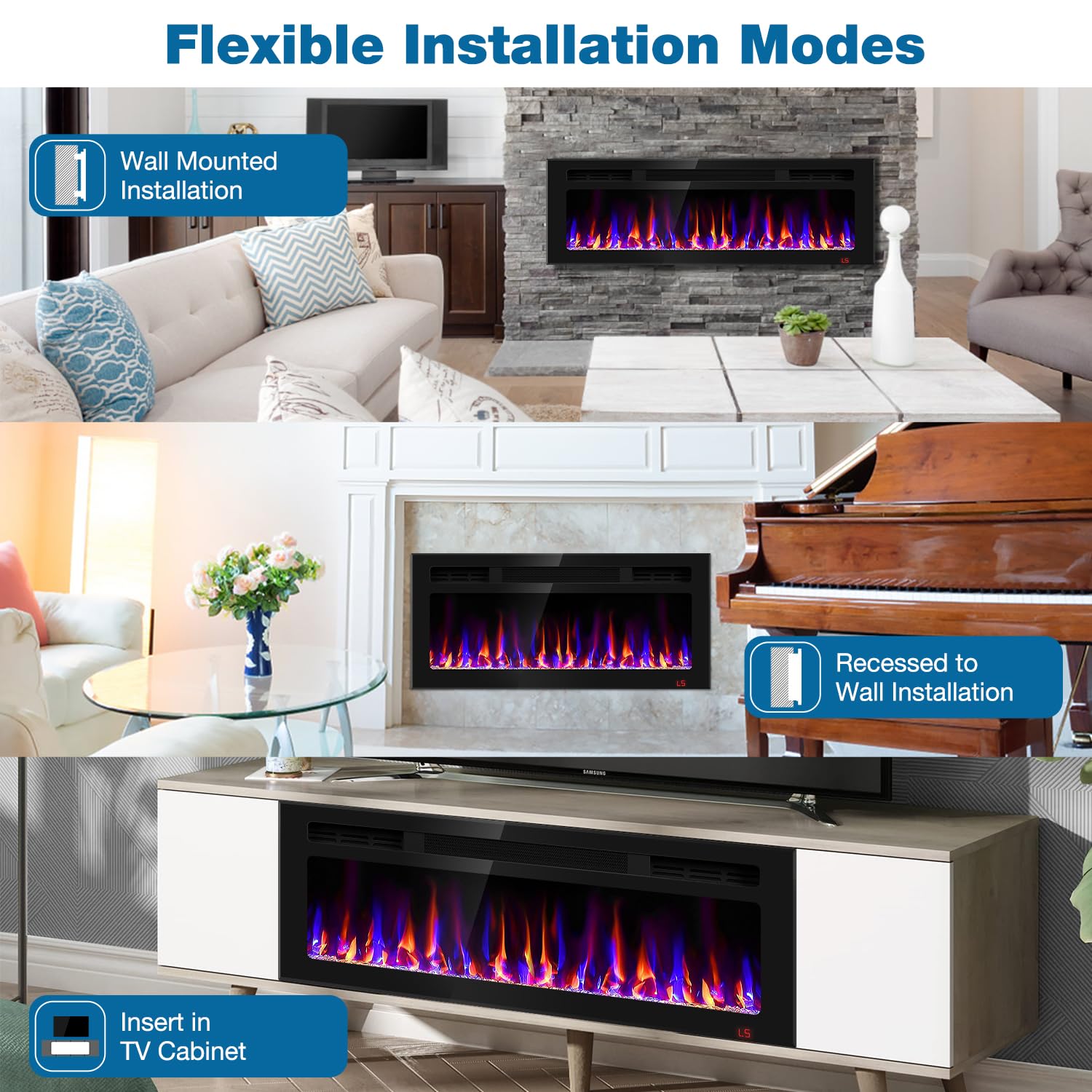 43 Inch Electric Fireplace Recessed and Wall Mounted, Fireplace Heater and Linear Fireplace, Ultra-Thin Electric Fireplace, Low Noise, with Timer, Remote Control, Adjustable 12 Flame Color, 750/1500W
