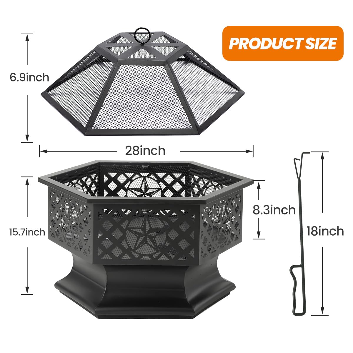 Panovue Outdoor 28 Inch Hex-Shaped Fire Pit with Spark Screen Black