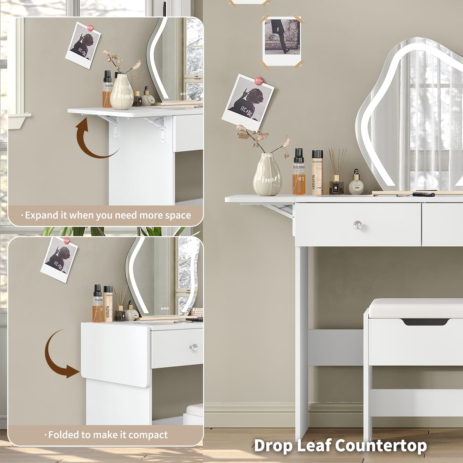 Vanity Desk with 7 Drawers and Charging Station, Glass Top Dressing Table with Foldable Side Shelf and Stool, Modern Makeup Vanity with Storage for Bedroom, White