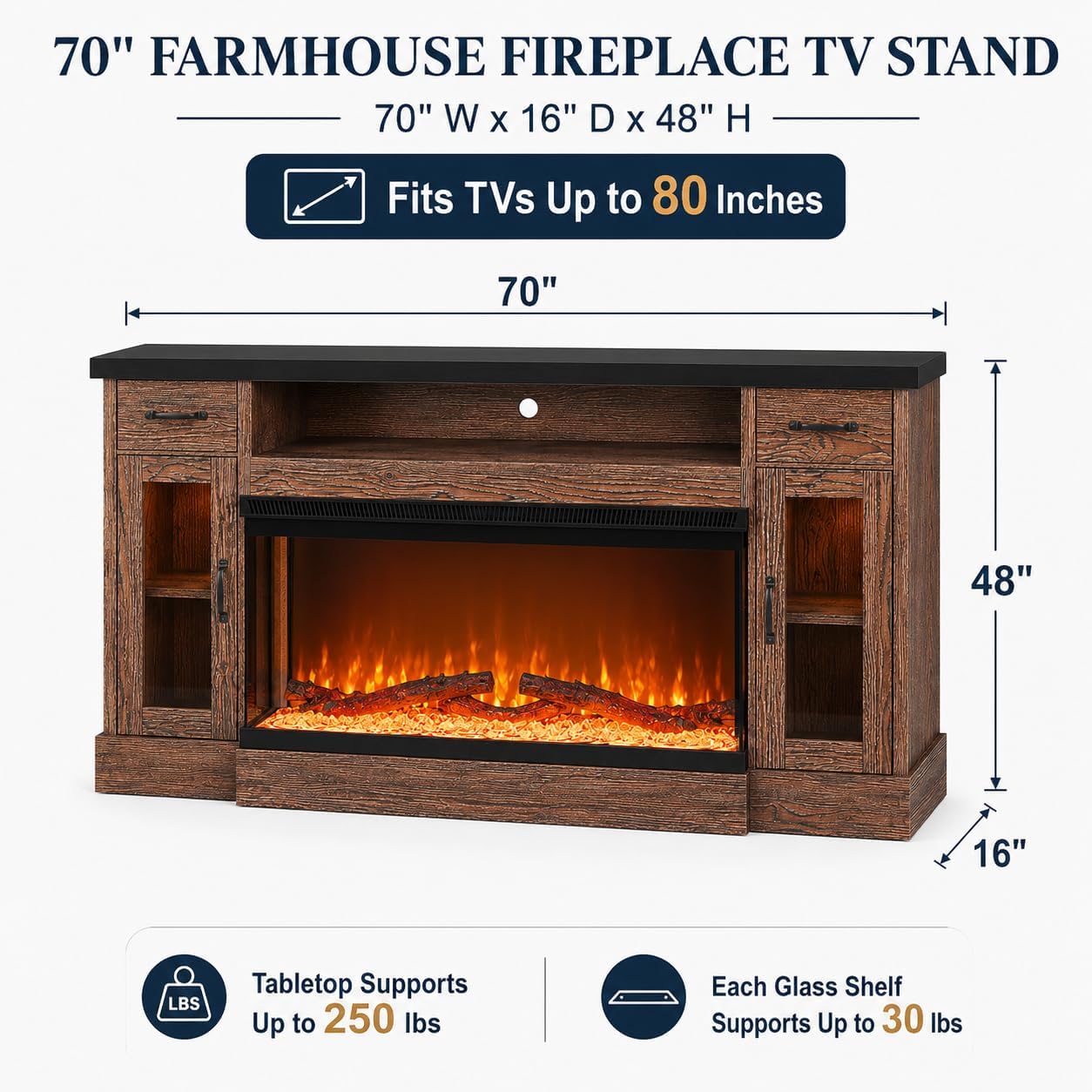 4 EVER WINNER 70" Fireplace TV Stand for TVs Up to 80", Farmhouse Entertainment Center with 3-Sided Glass Electric Fireplace, 2 Drawers, Storage Cabinets & Adjustable Shelves, Brown