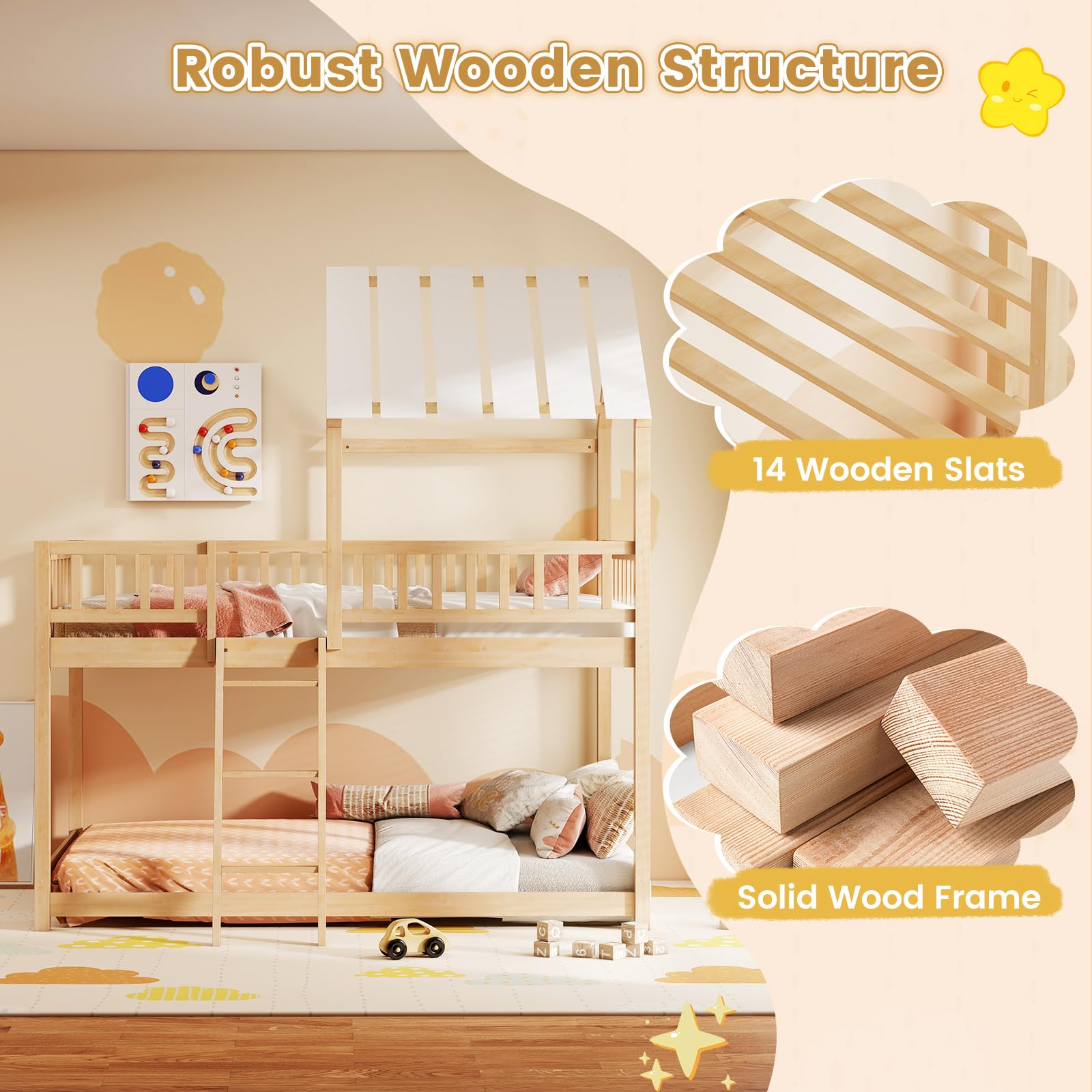 Twin Over Twin House Bunk Bed with Roof & Guardrails