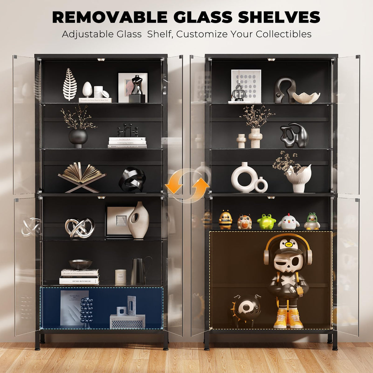71.2" 6-Tier Display Cabinet with Glass Doors for Collectibles, Black