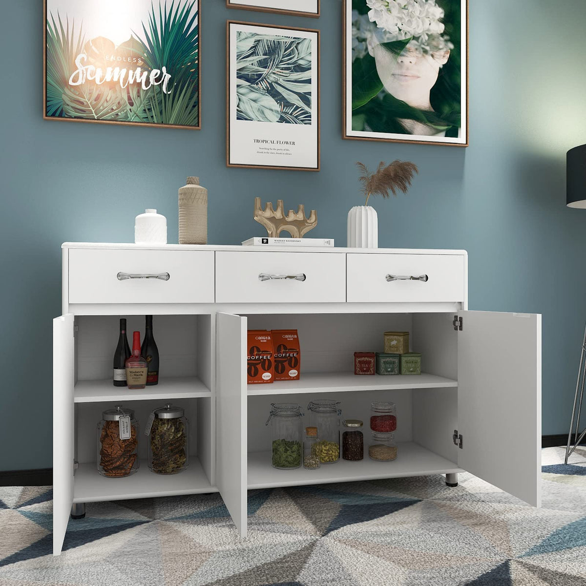 GLCHQ Storage Drawer File Cabinet Side Cabinet Entryway Console Side Tables with Three Drawers and Three Doors for Office or Kitchen Room (Three Doors, White)