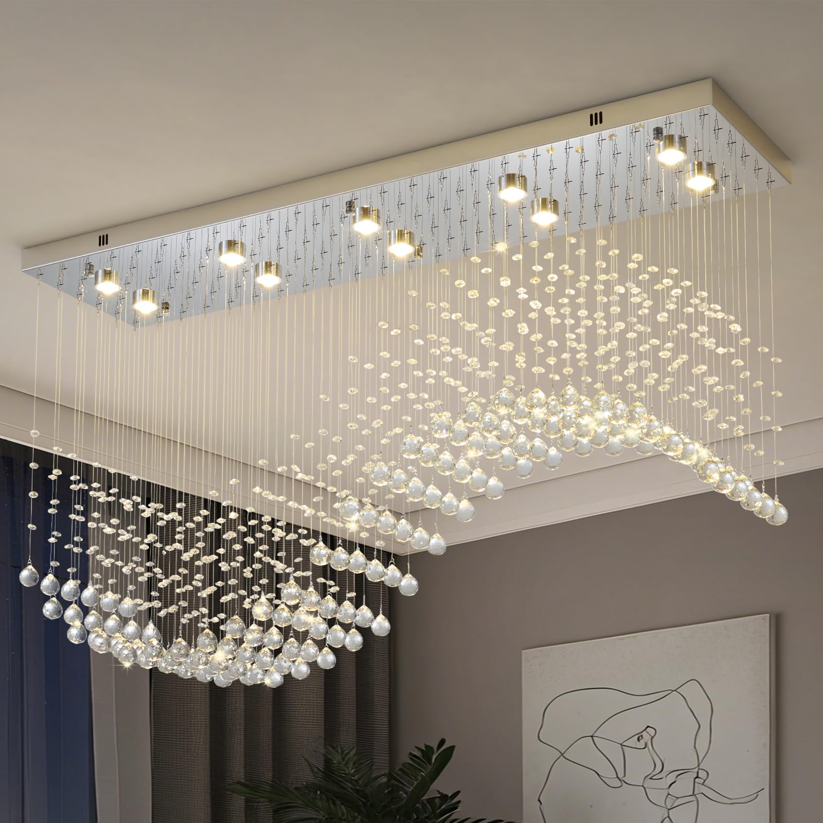 Modern Rectangle Crystal Raindrop Chandelier: 47" Long Chrome Dimmable Led High Ceiling Chandeliers with Remote - Silver Wave Raindrop Flush Mount Ceiling Light Fixture for Dining Living Room Kitchen