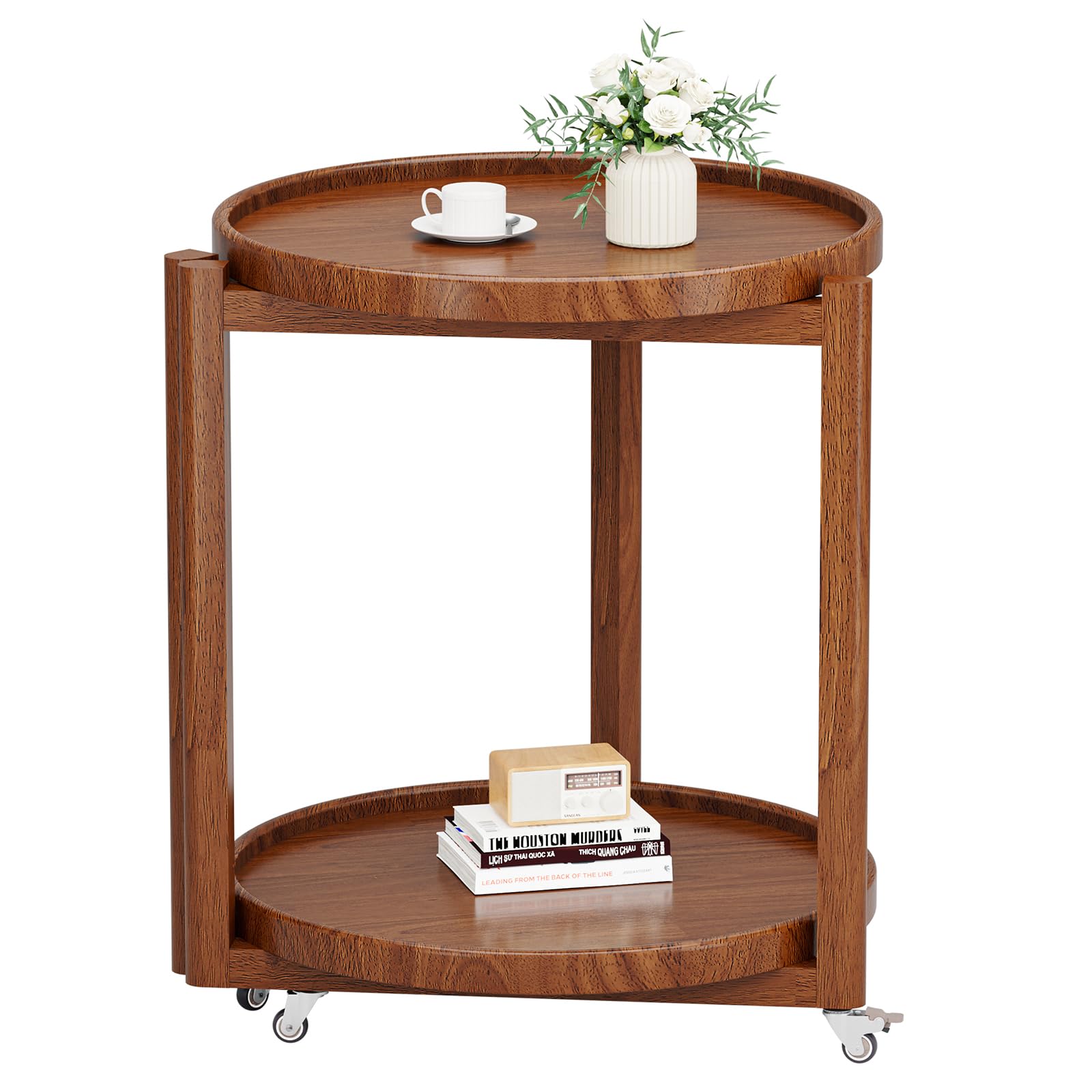 Round Rolling Side Table with Storage Shelf