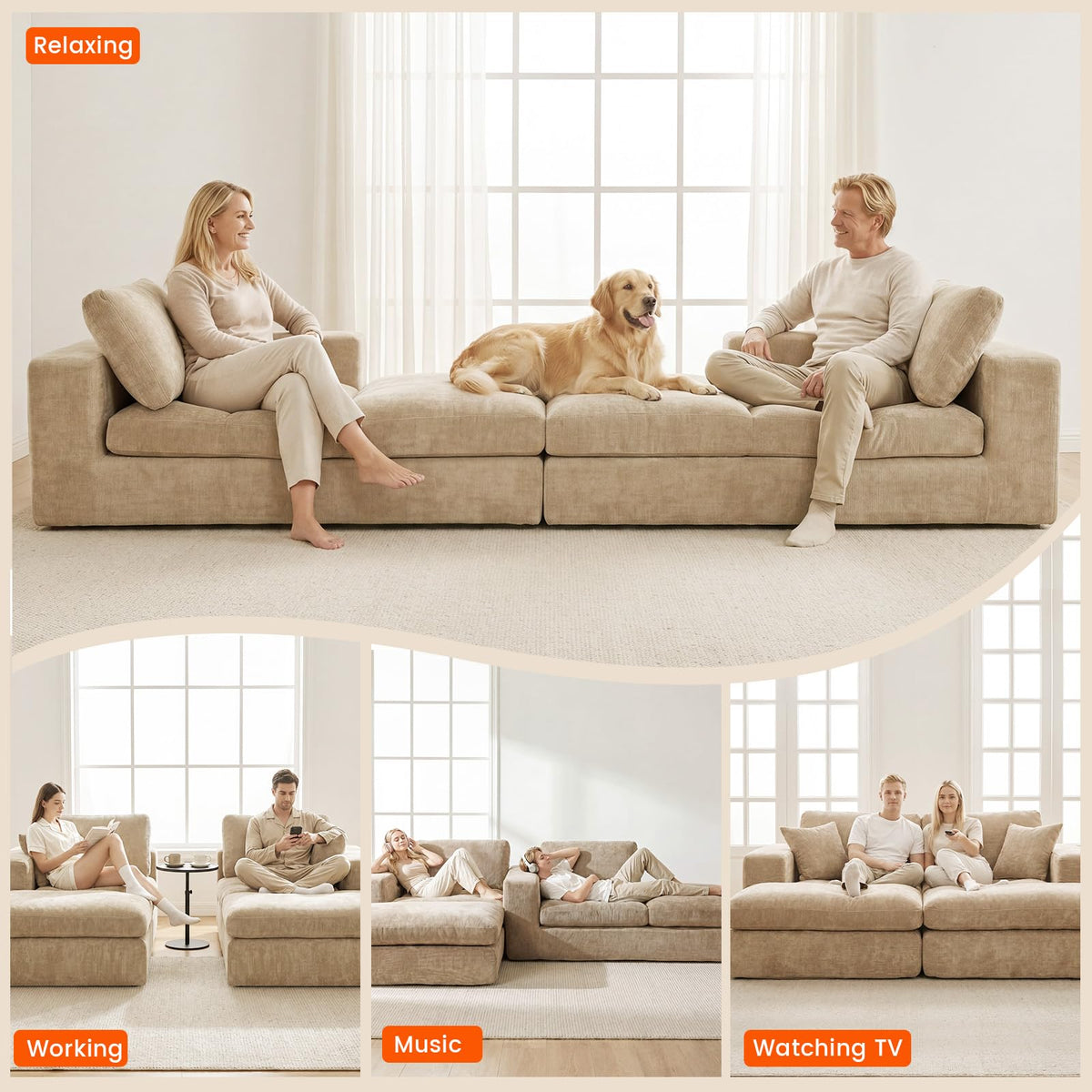 Mifnas 81" Oversized Double Chaise Lounge, Cloud Boneless Sofa Bed, Khaki