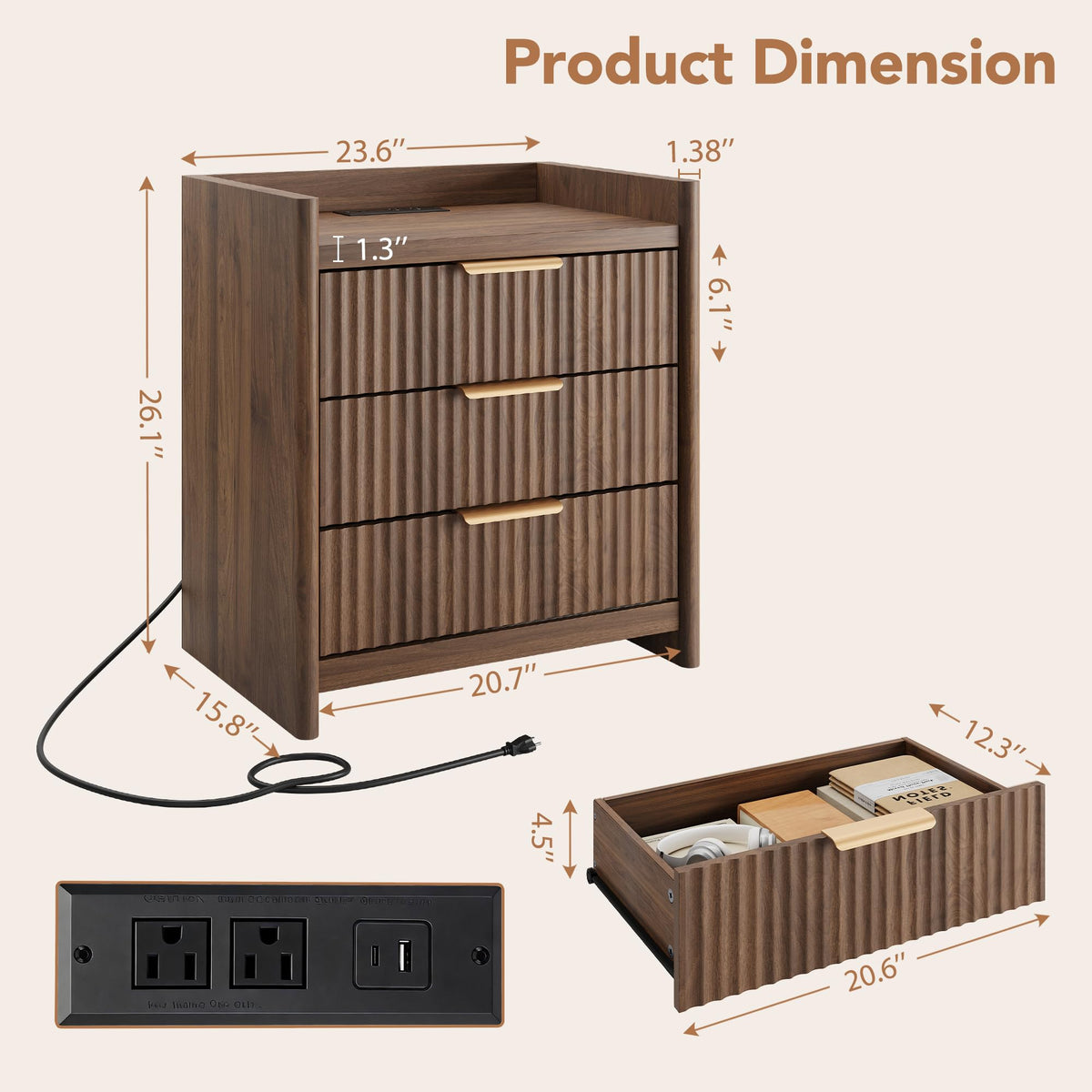 25.9" Fluted Nightstand with Charging Station, Large Bedside Table with 3 Storage Drawers and Metal Handle, Modern End Table for Bedroom, Home Office(Dark Walnut)