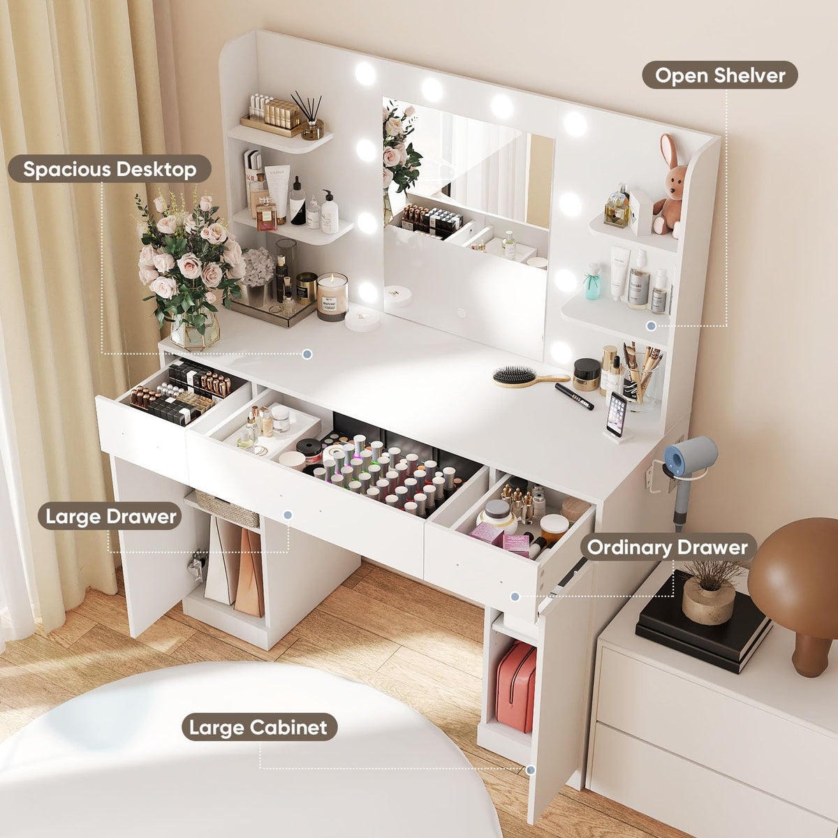 OLIXIS Vanity Desk with Mirror and LED Bulbs, Power Outlet Makeup Table with 3 Drawer & 2 Storage Cabinet, 3 Adjustable Lighting, Modern Ample Storage Dressing Table for Bedroom, White