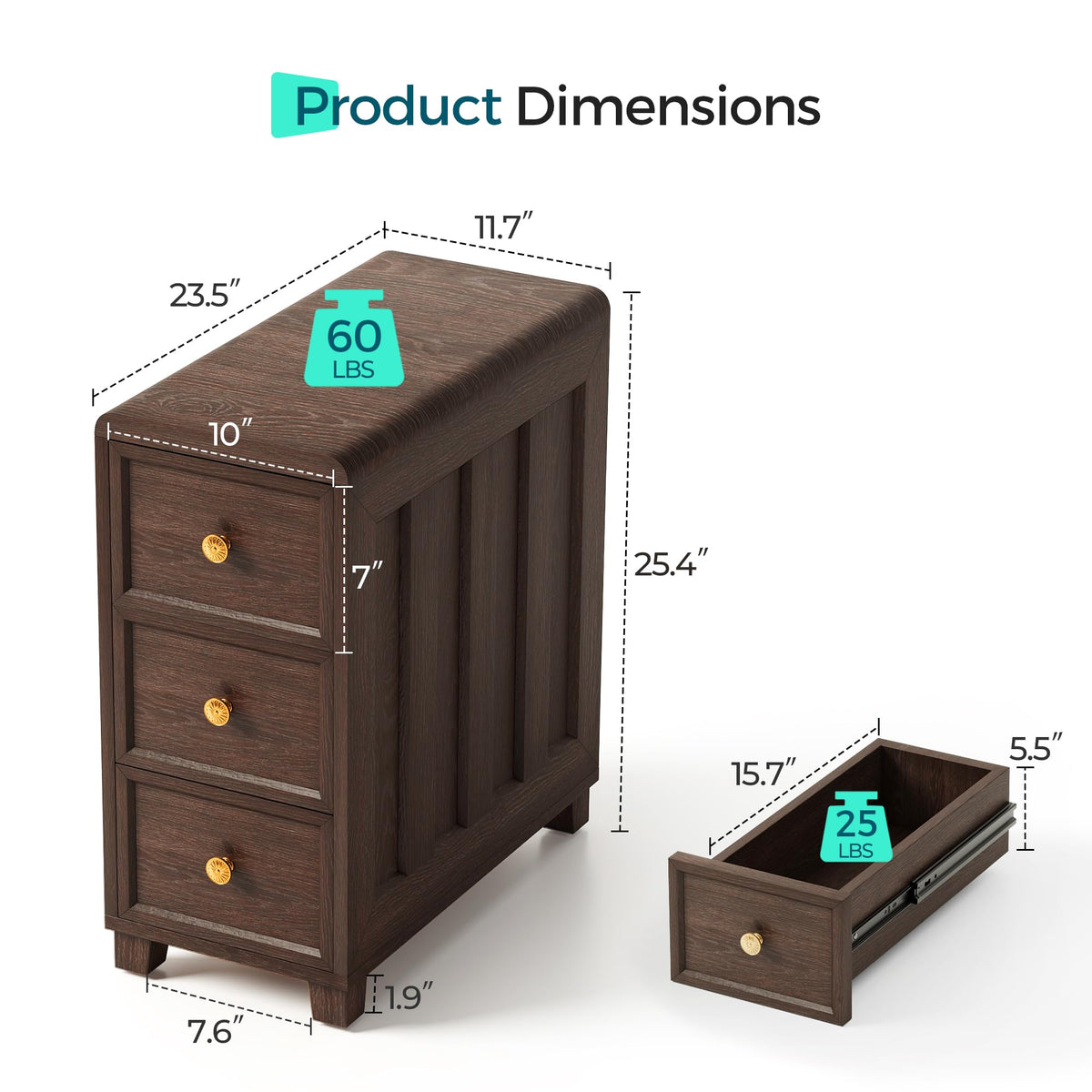 LINSY HOME Solid Wood End Table, 3-Drawer Rustic Nightstand, Dark Brown