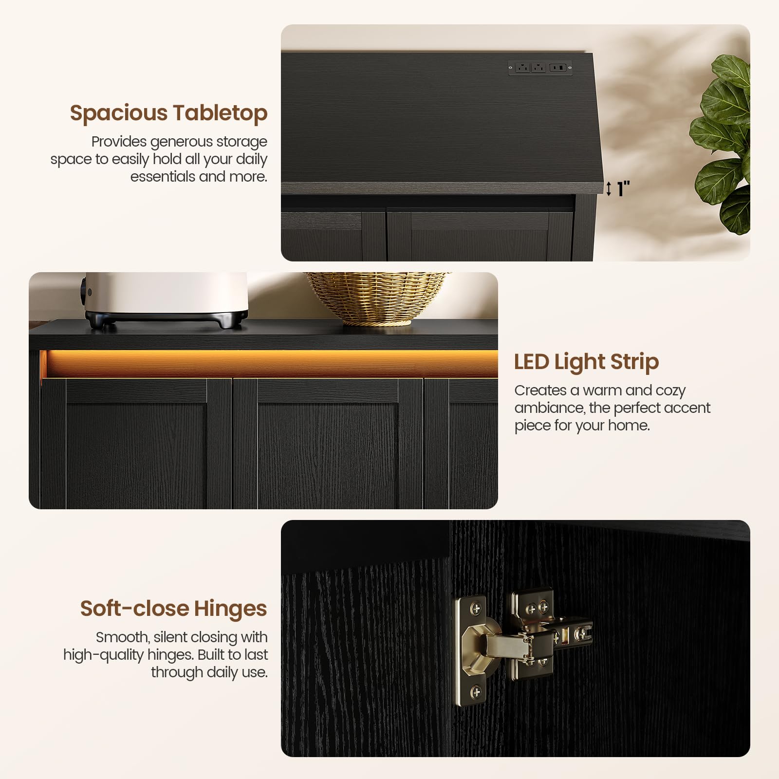60" Sideboard Buffet Cabinet with LED Light & Power Outlets