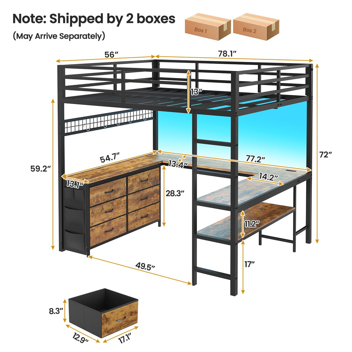 ADORNEVE Loft Bed Full Size with U-Shaped Desk, 6 Drawers, Rustic Brown