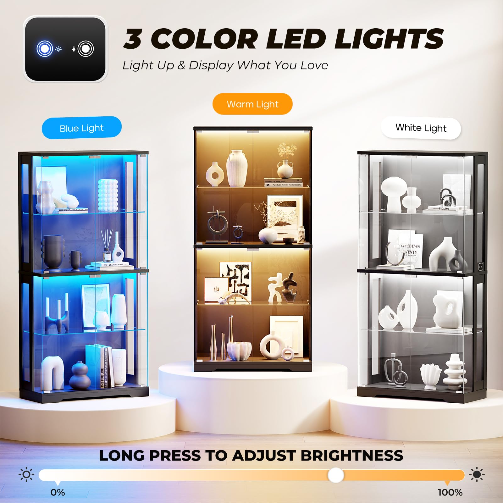 4-Tier Glass Display Cabinet with LED Lights & Human Sensor
