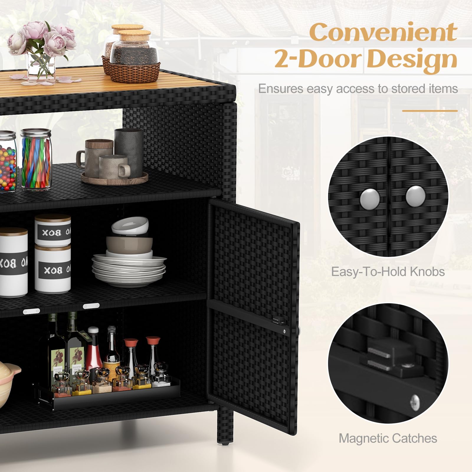 Rattan Outdoor Storage Cabinet with Acacia Wood Top