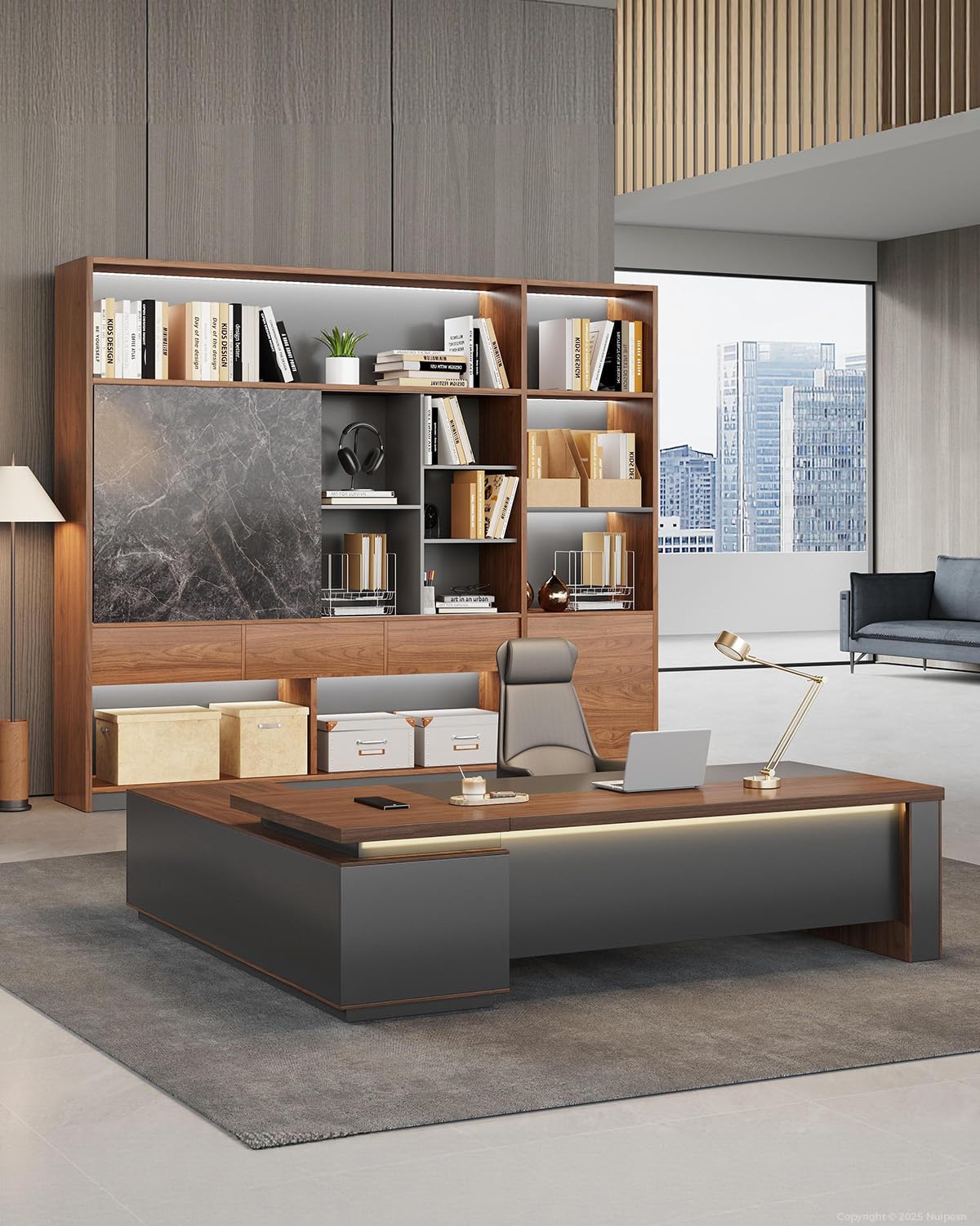 Nuipesn 94" Walnut File Cabinet with Sliding Door & LED, Large Wood Bookcase with Drawers, Modern Office Storage Cabinet & Shelving Unit for Executive Office, Home Office or Study