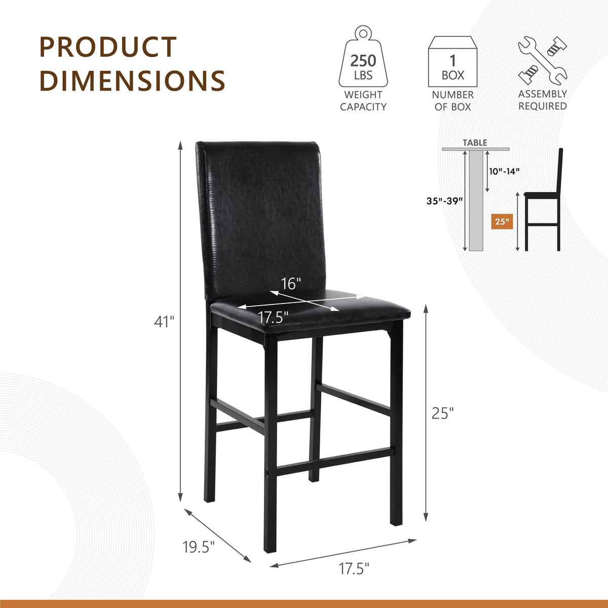 Lexicon Brown Faux Leather Counter Height Chairs, Set of 4, Black Metal