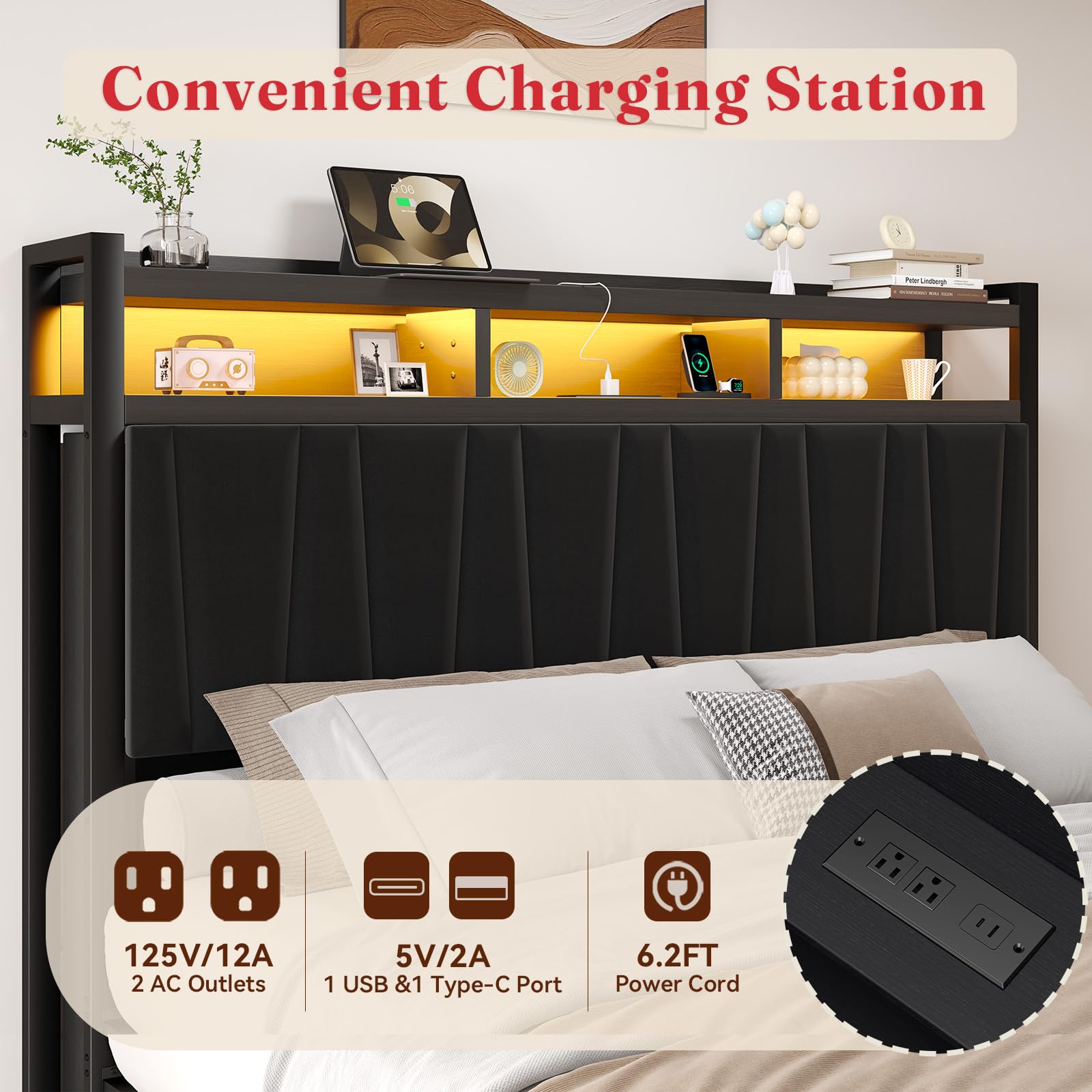 LED Platform Bed Frame with Storage Headboard & Charging Station