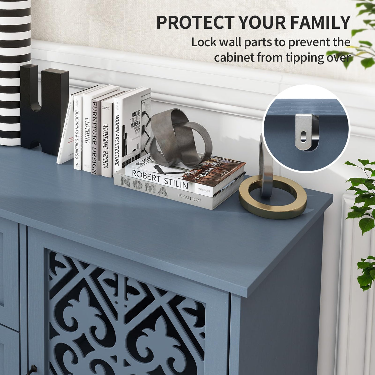 YHAOWORKS Sideboard Buffet Cabinet with Storage - Accent Storage Cabinet American Furniture, Modern 2 Door 3 Drawer Cabinet, Farmhouse Wood Credenza for Kitchen, Dining Room, Entryway (Blue)