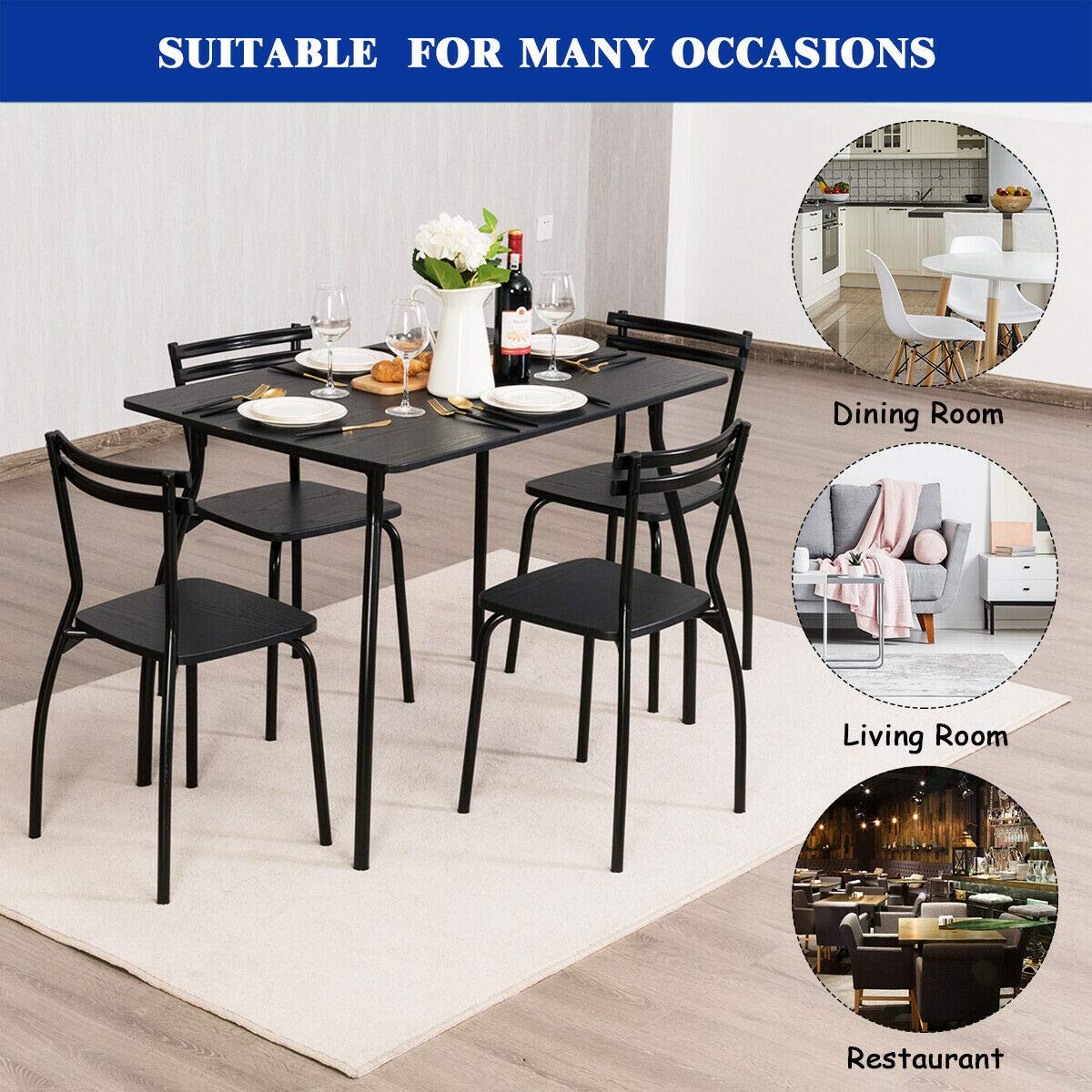GIANTEX 5-Piece Dining Table Set for 4, Kitchen Table with 4 Chairs, Spray Paint Metal Frame, Wooden Grain Finish, Curved Legs, Line Design, Minimalist Dinette Set for Small Space, Living Room, Black