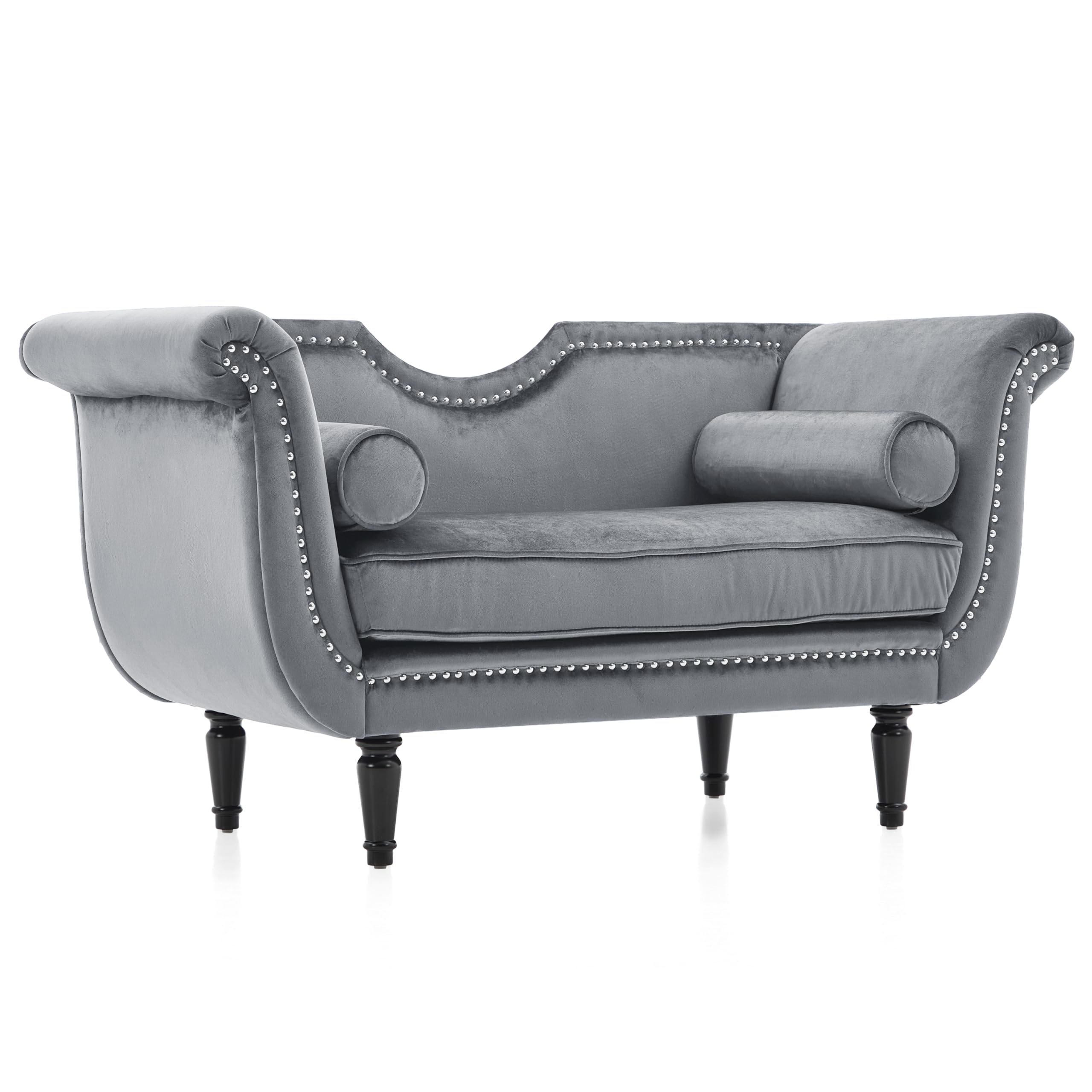 Velvet Ottoman Bench with Bolster Pillows & Nailhead Trim