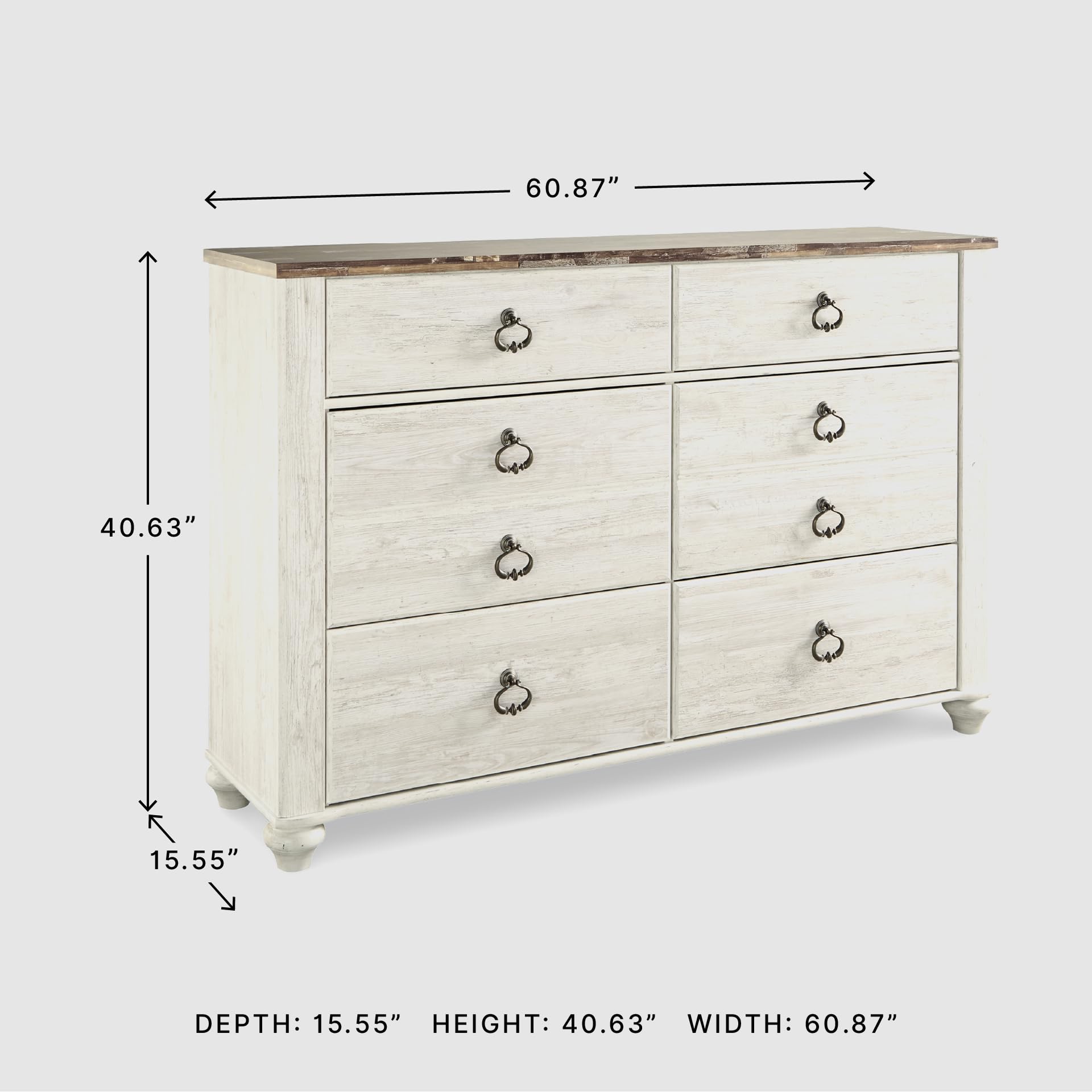 Signature Design by Ashley Willowton Coastal Cottage 6 Drawer Dresser with Faux Plank Top, Whitewash