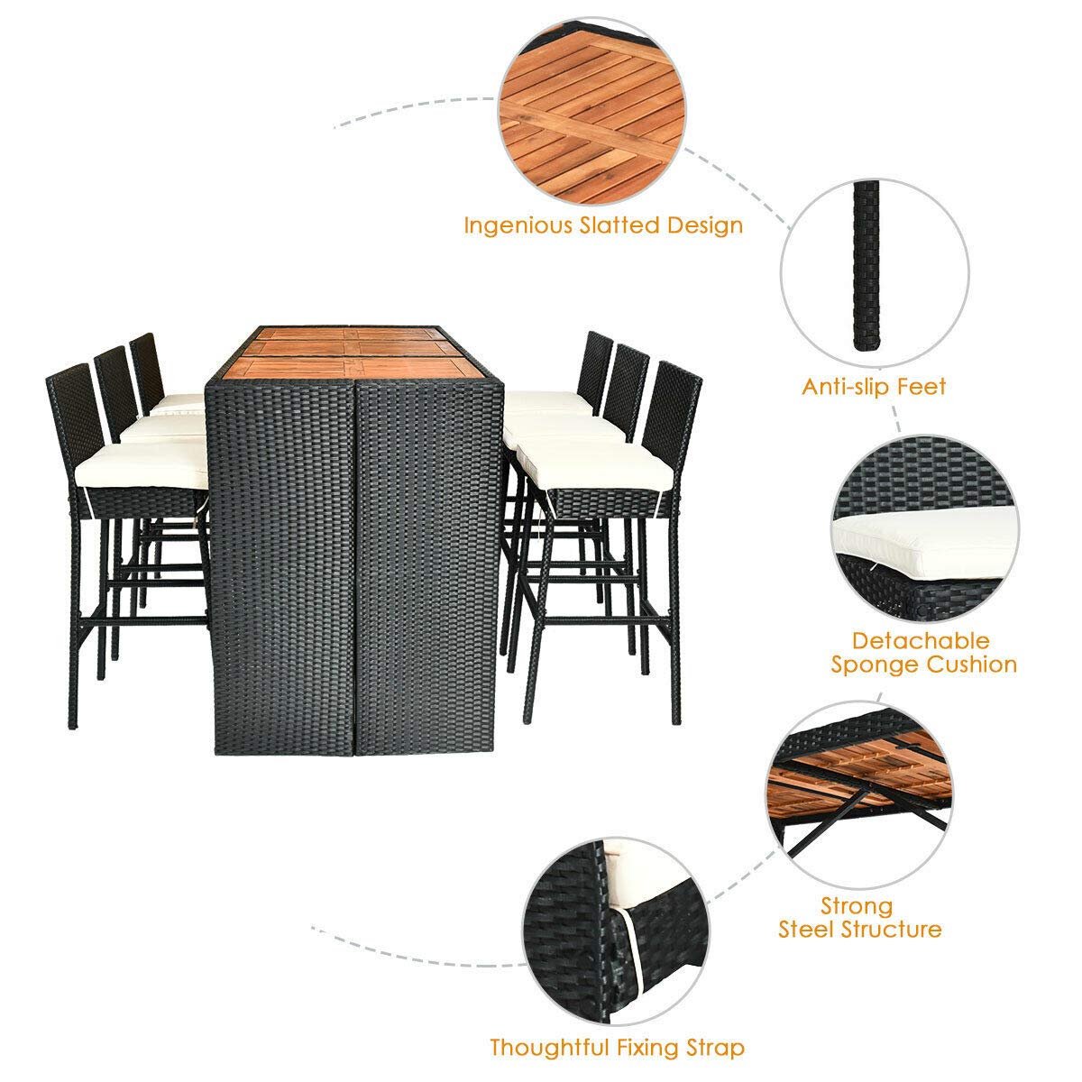Tangkula 7 PCS Outdoor Wicker Furniture with Acacia Wood Bar Table Top and Removable Cushion, Conversation Set for Dining, Patios, Backyards, Porches, Gardens and Poolside (Black)