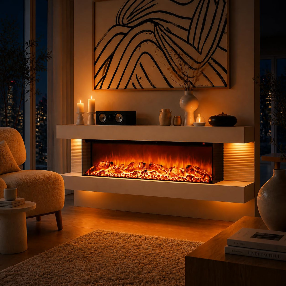 White Three-Sided Electric Fireplace