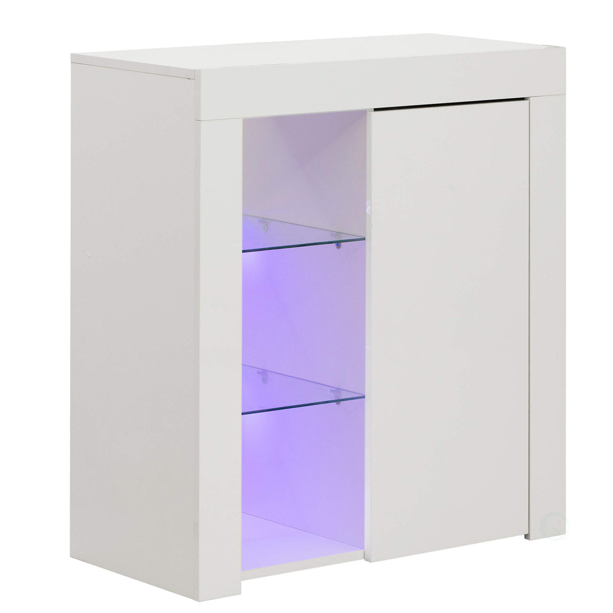 Basicwise Sideboard Buffet with 5 Storage Shelves - White, LED Light with USB Plug in, High Gloss Doors, 29.5" W x 13.75" D x 32.75" H - Modern, for Dining Room, Office, Organizer Cabinet