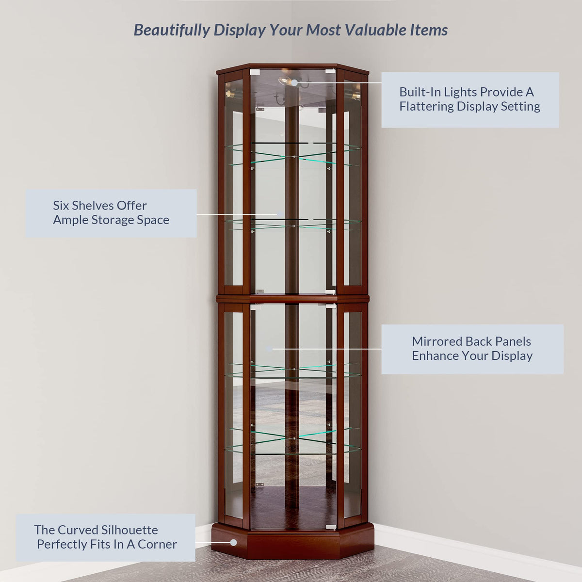 BELLEZE Ashfield Glass Dispaly Cabinet with Light Bulb - Walnut