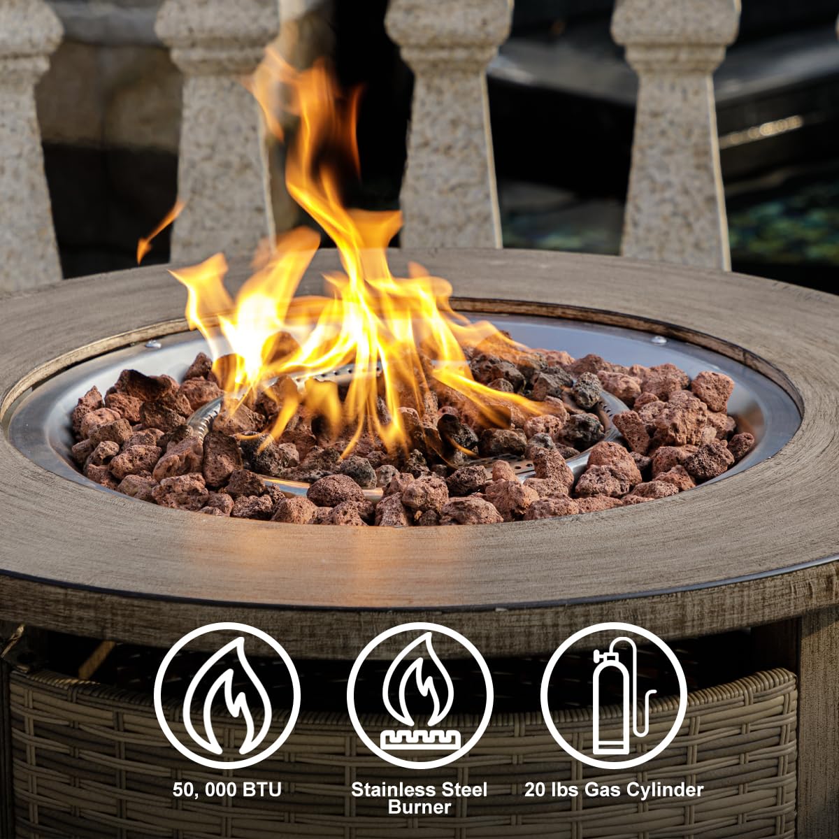 OutVue 32 inch Wicker Rattan Propane Fire Pit Table, 50000 BTU Gas Fire Pit