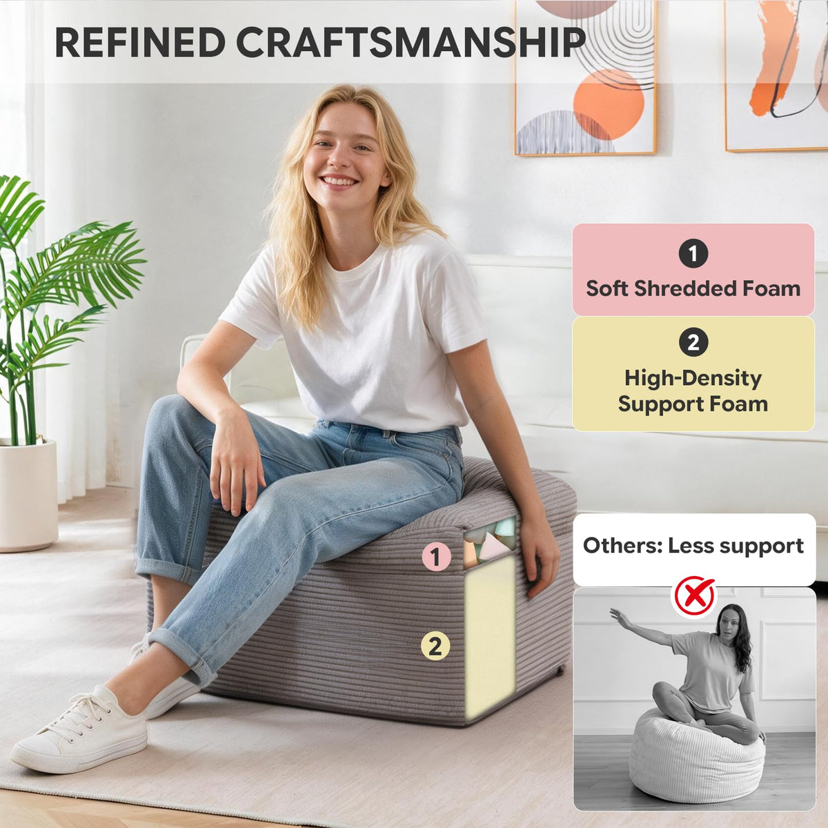 Smaour Pouf Ottoman, Corduroy Square Foot Stools with Filling, Light Grey