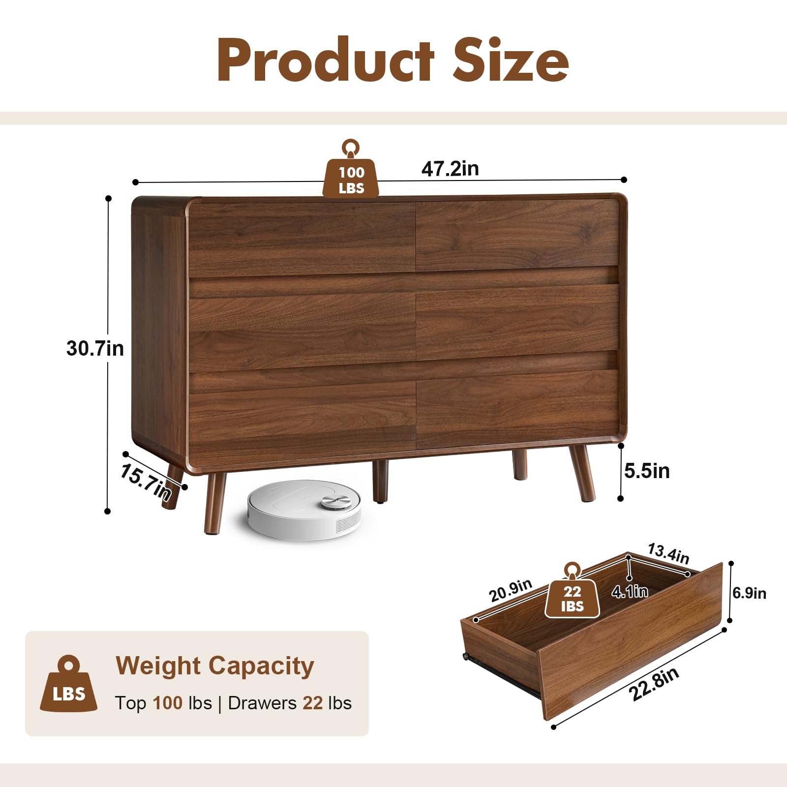 Nasonet Mid Century Modern Dresser for Bedroom, 47'' Wide Dressers & Chests of Drawers with 6 Storage Drawers, Wood TV Stand Dresser for Closet, Walnut