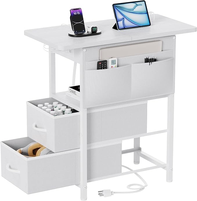 Nightstand Side Table with Charging Station & Storage Pocket