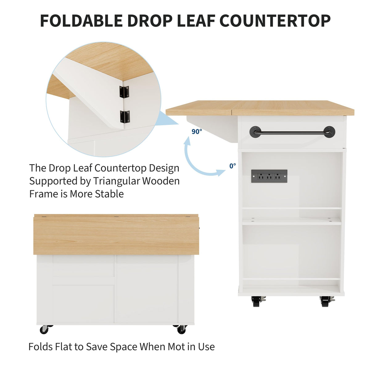 GarveeHome Rolling Kitchen Island with Drop Leaf Countertop, Charging Station & Ample Storage - 47.2 in Mobile Kitchen Cart On Wheels with Pull-Out Shelves, Drawers, Spice Rack & Organizer Divider