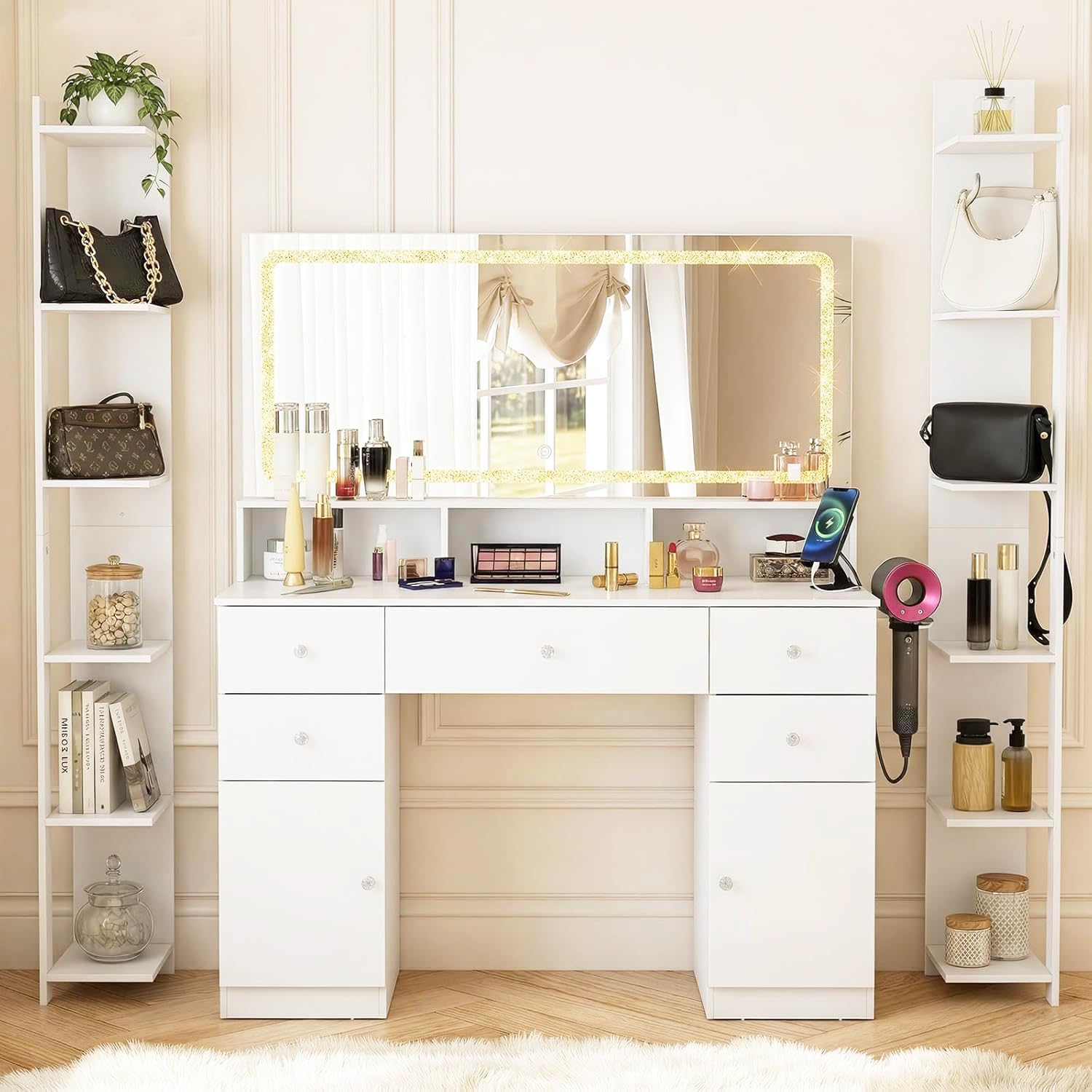 ZIMASYA Makeup Vanitys with Extra Large Mirror & Lights,45" Vanity Desk with 2 Side Shelves & Adjustable Brightness 3 Color Crystal Sparkle LED,Charging Station,26 Storage Areas for Girls Women White