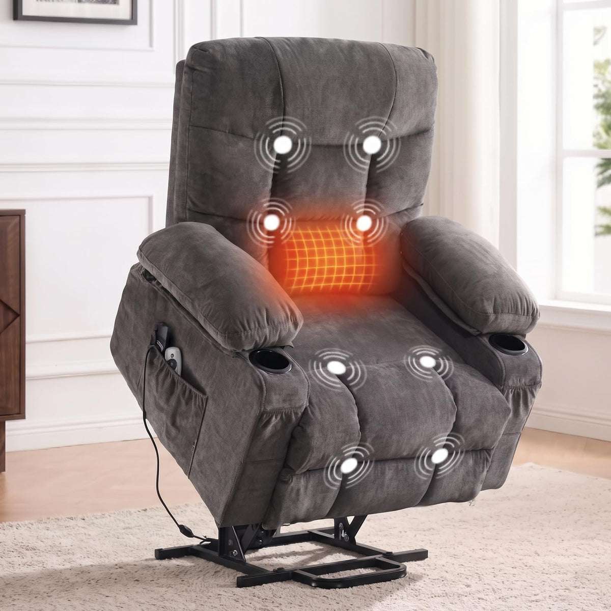 PoteSoar Power Lift Recliner Chair for Elderly with Massage and Heat, Comfortable Electric Power Reclining Chair with Side Pockets,2 Cup Holders and USB Charging Port for Living Room