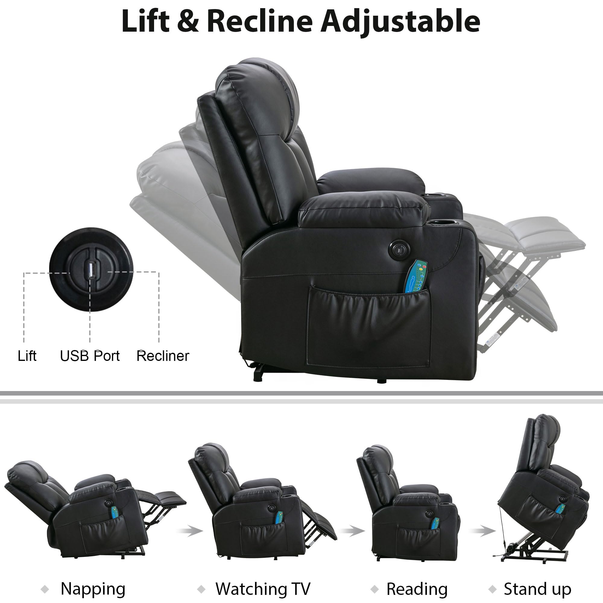 Bonzy Home Extra Wide Lift Chair with Heat and Massage, Faux Leather Power Lift Recliner Massage Chair for Adults Elderly, Upholstered Recliner with 2 Cup Holders, Side Pocket