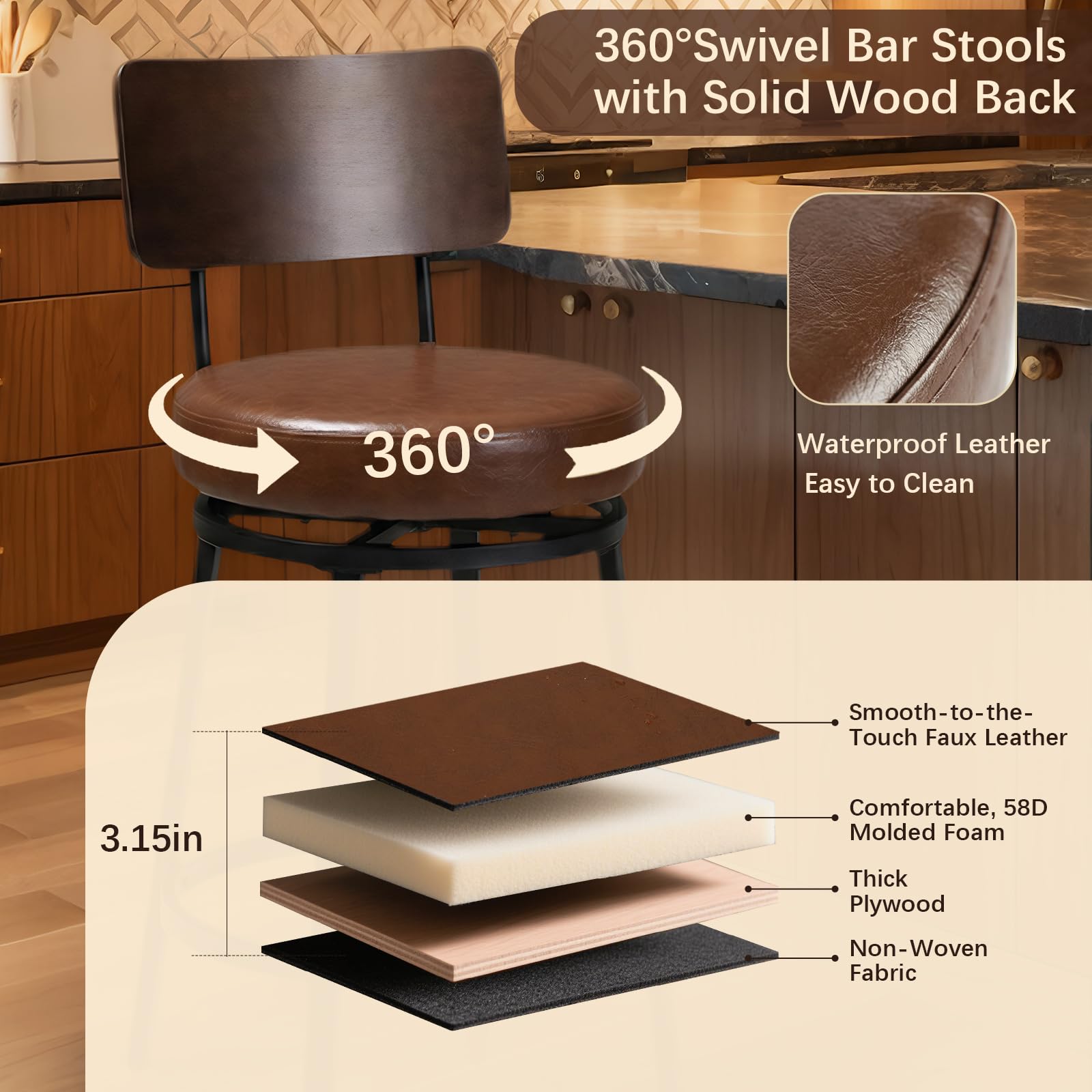 Swivel Bar Stools Set of 2 with Wood Backrest & Metal Legs
