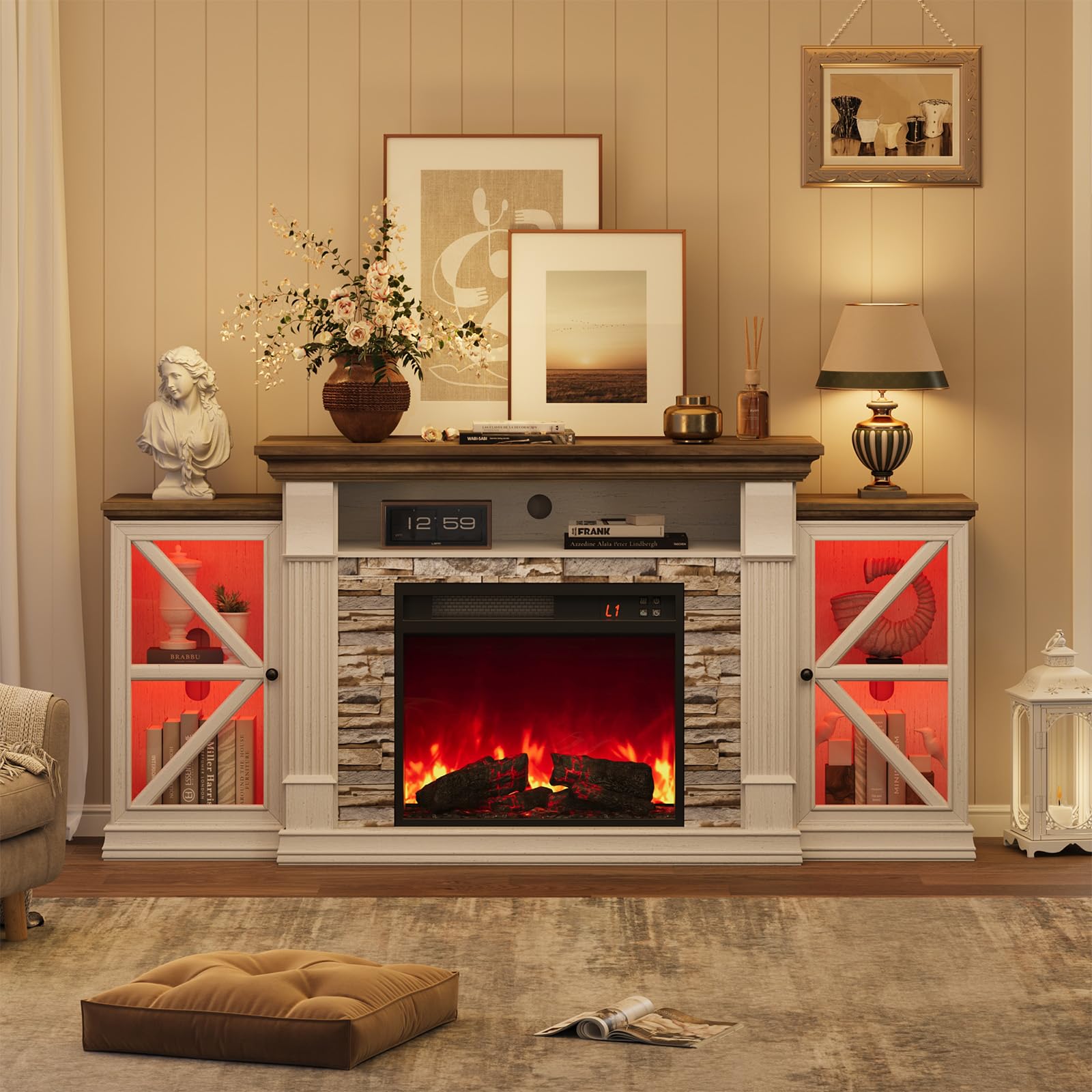 70" Electric Fireplace TV Stand with Glass Barn Doors