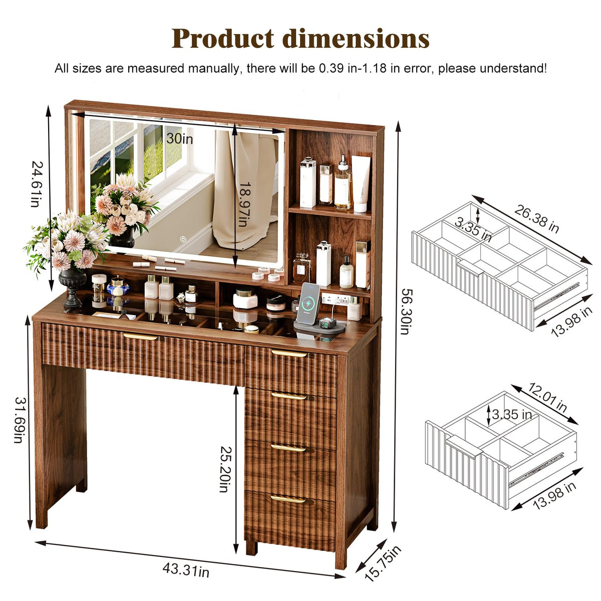 Chestnut Vanity Desk with Lighted Mirror