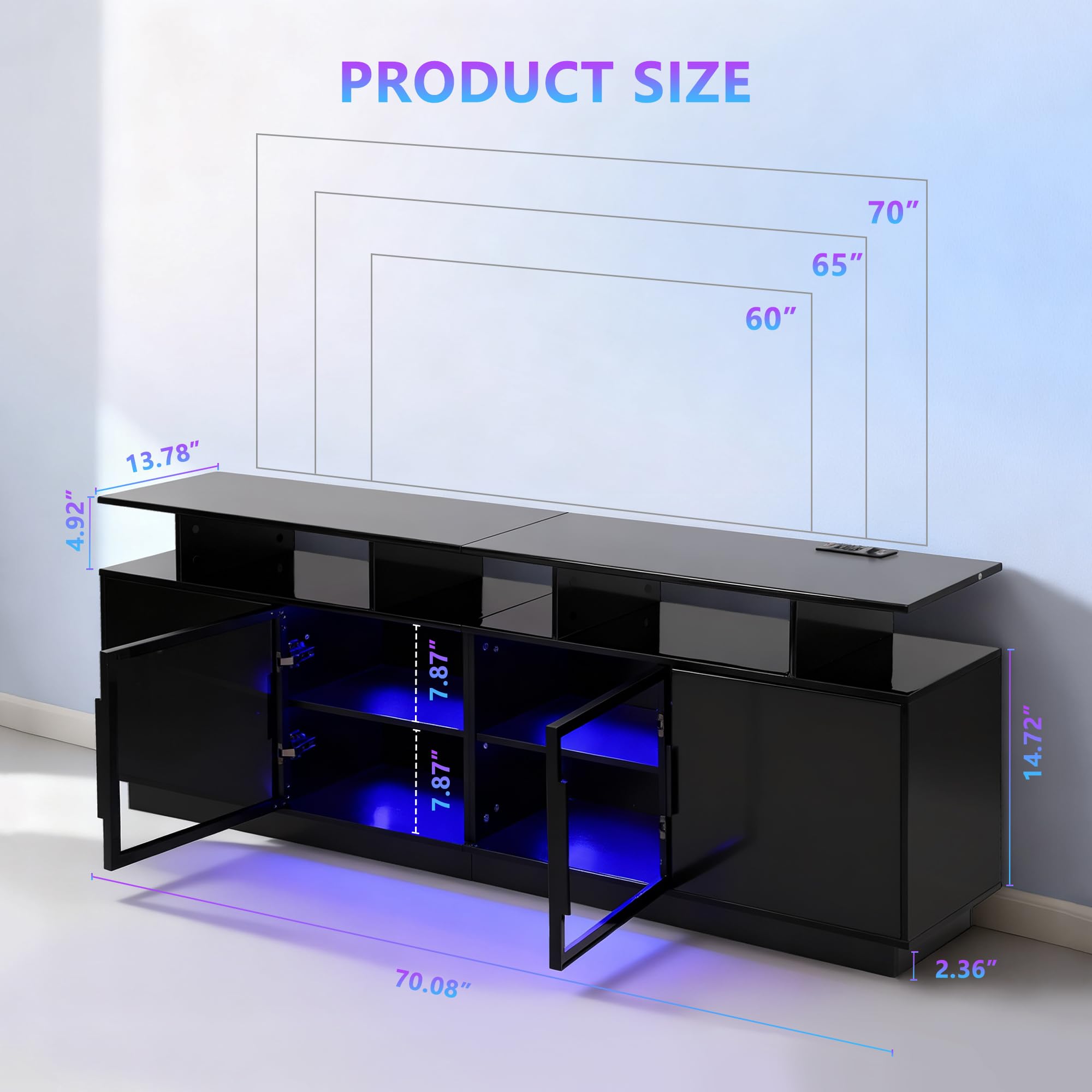 70" Black LED TV Stand with Glass Doors & Charging Station