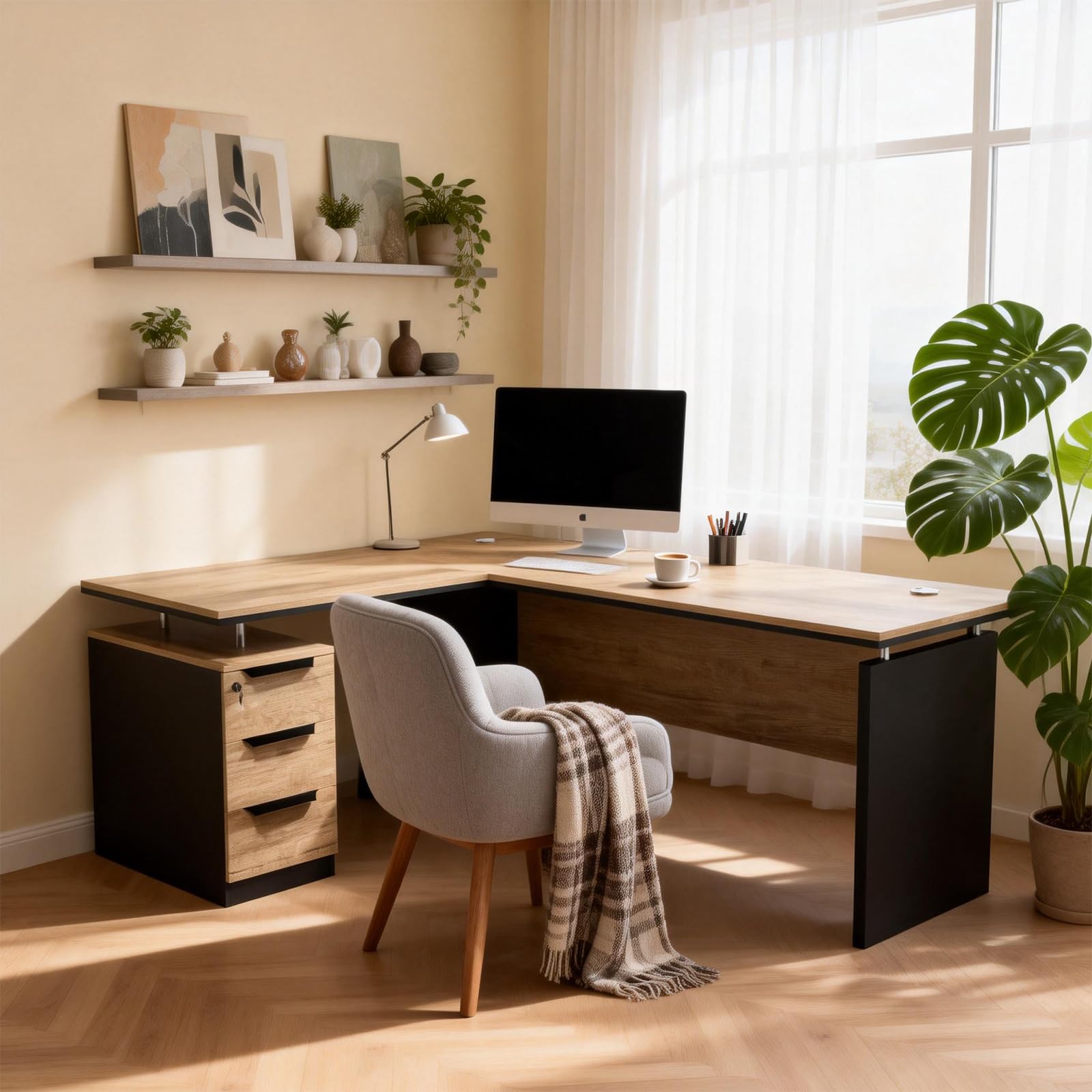 63" L-Shaped Executive Desk with Locking Drawer