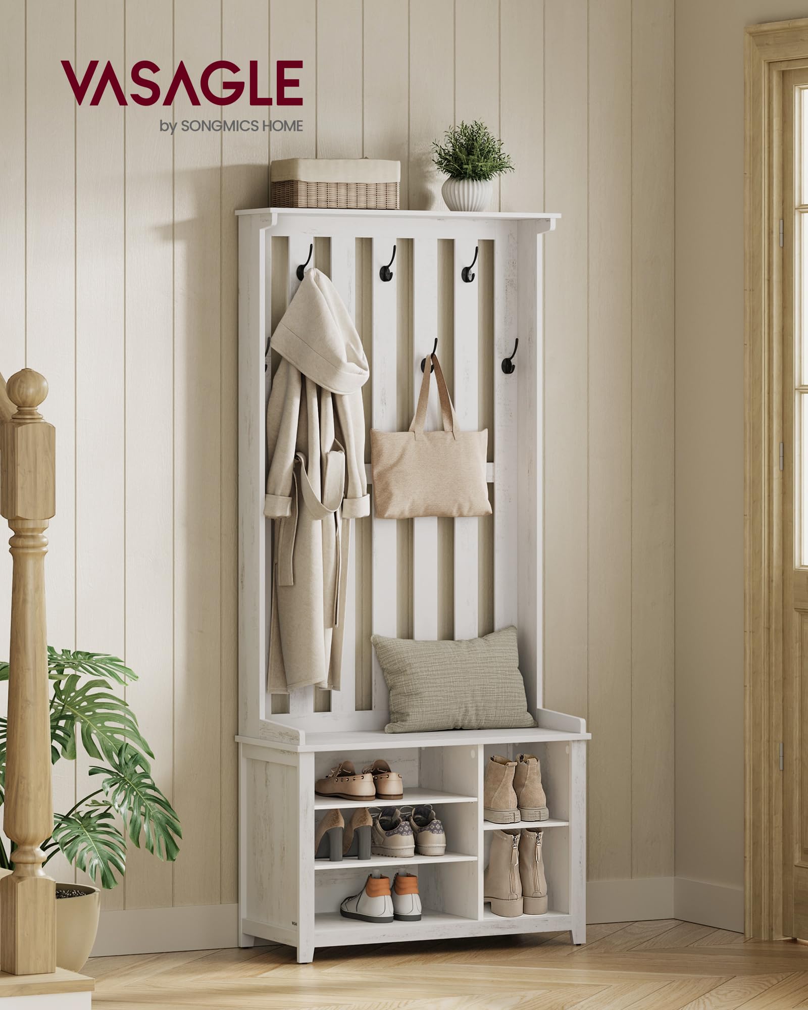 Hall Tree with Bench, Shoe Storage & 7 Double Hooks