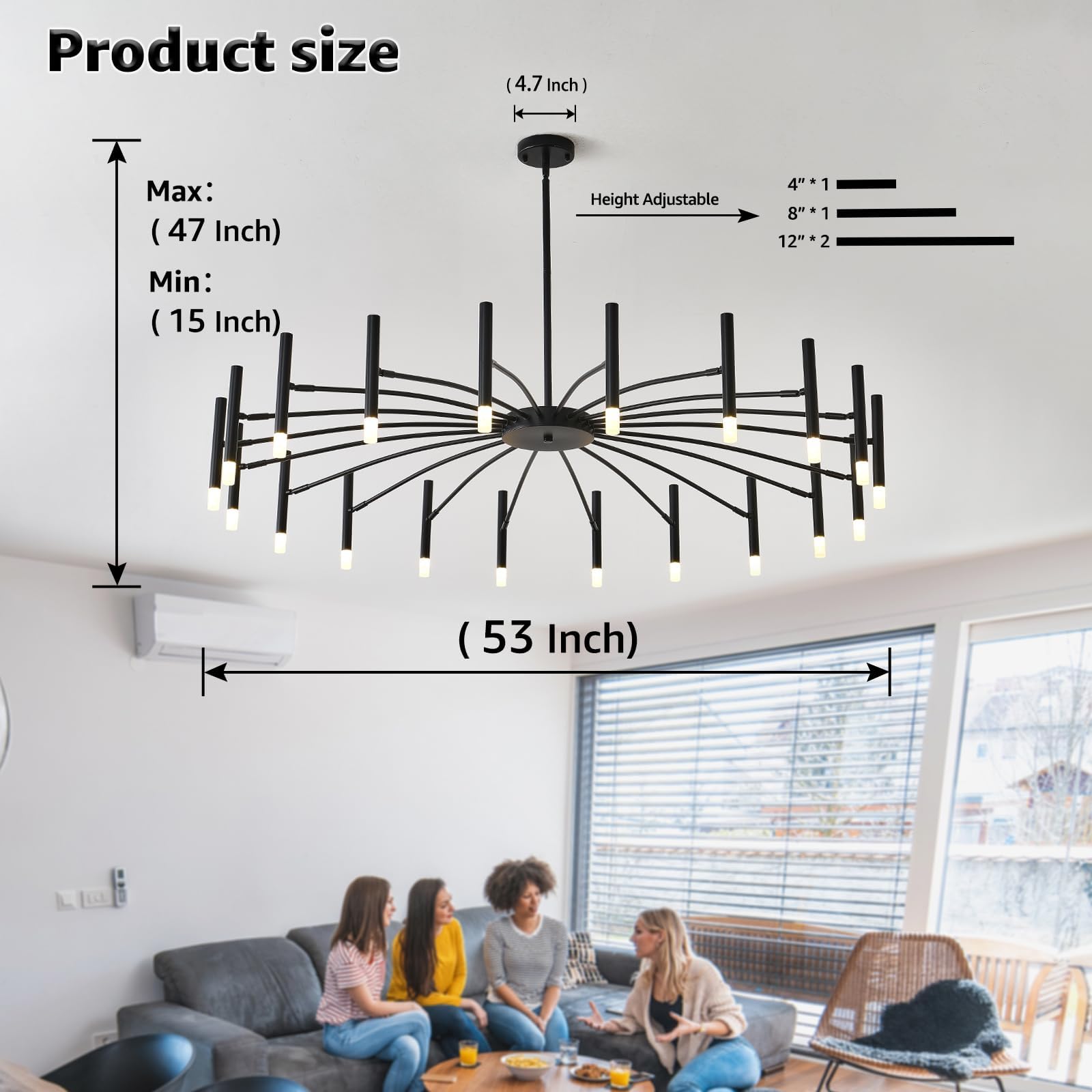EGM 53 Inch Black Modern Chandelier, 20-Light Mid Century Sputnik Ceiling Light Fixture with G9 Bulbs, Large LED Chandeliers for Bedroom Dining Room, Round Pendant Light for Kitchen Island Foyer