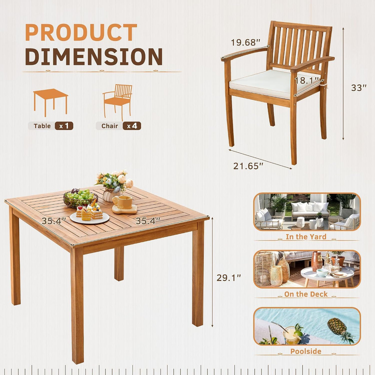 Greesum 5 Pieces Acacia Wood Patio Dining Set, Outdoor Table & Chairs