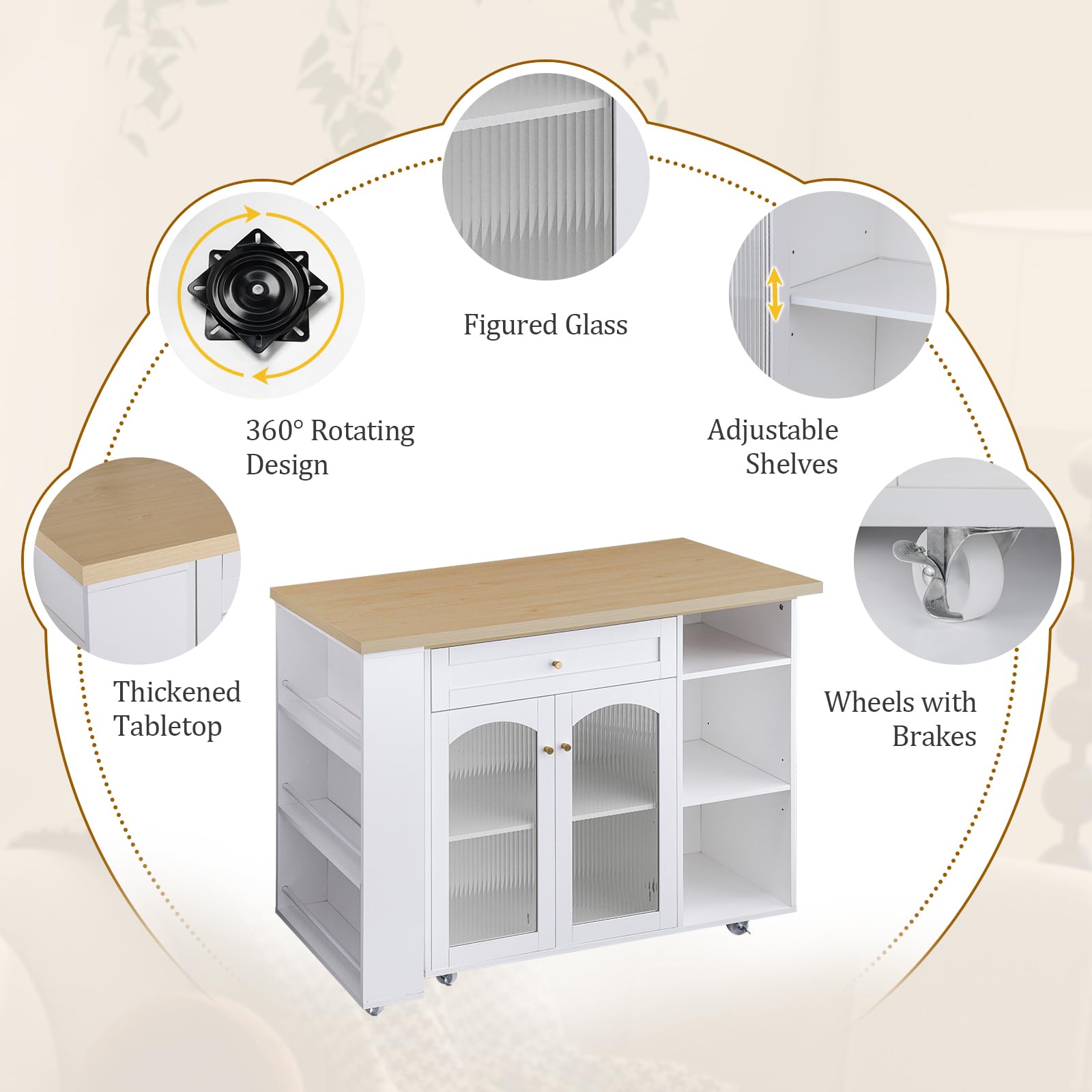 Rolling Kitchen Island with 360° Rotating Tabletop
